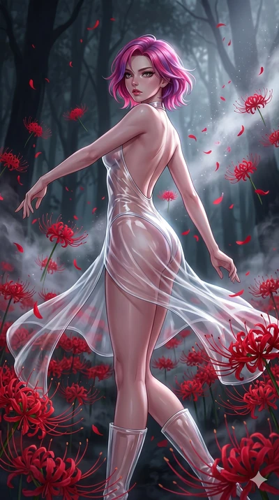 score_9, masterpiece, best quality, ultra-detailed, High-budget Anime Keyframe, East Asian woman. Low angle cowboy shot filling the entire 9:16 frame with her statuesque presence. Scenario 195: Dancing amidst falling red spider lilies in a misty dark