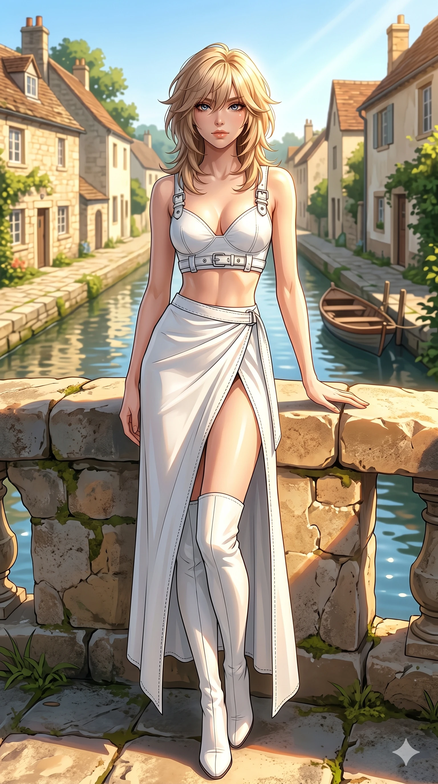score_9, masterpiece, best quality, ultra-detailed, high-budget anime keyframe, editorial fashion photography, tasteful artistic composition, Japanese woman. cowboy shot from the thighs up, character and outfit filling the frame for maximum editorial presence. posing with bright, confident self-assurance, one hand on the bridge stone standing on a stone bridge over a canal in a sunny country village. She has an absolutely perfect 8-heads proportion, an exceptionally tall and slender female figure with impossibly long slender legs and an ultra-slim waist. V-shaped jawline, high-bridge nose, intricate jewel-like eyes with depth, thick eyelashes, glossy lips with a natural sheen. wearing a structured white crop top with chrome hardware and high-slit wrap skirt. drenched in brilliant midday sunshine casting sharp, warm rays on her figure. 2k, ultra detail, master piece, 9:16 ratio