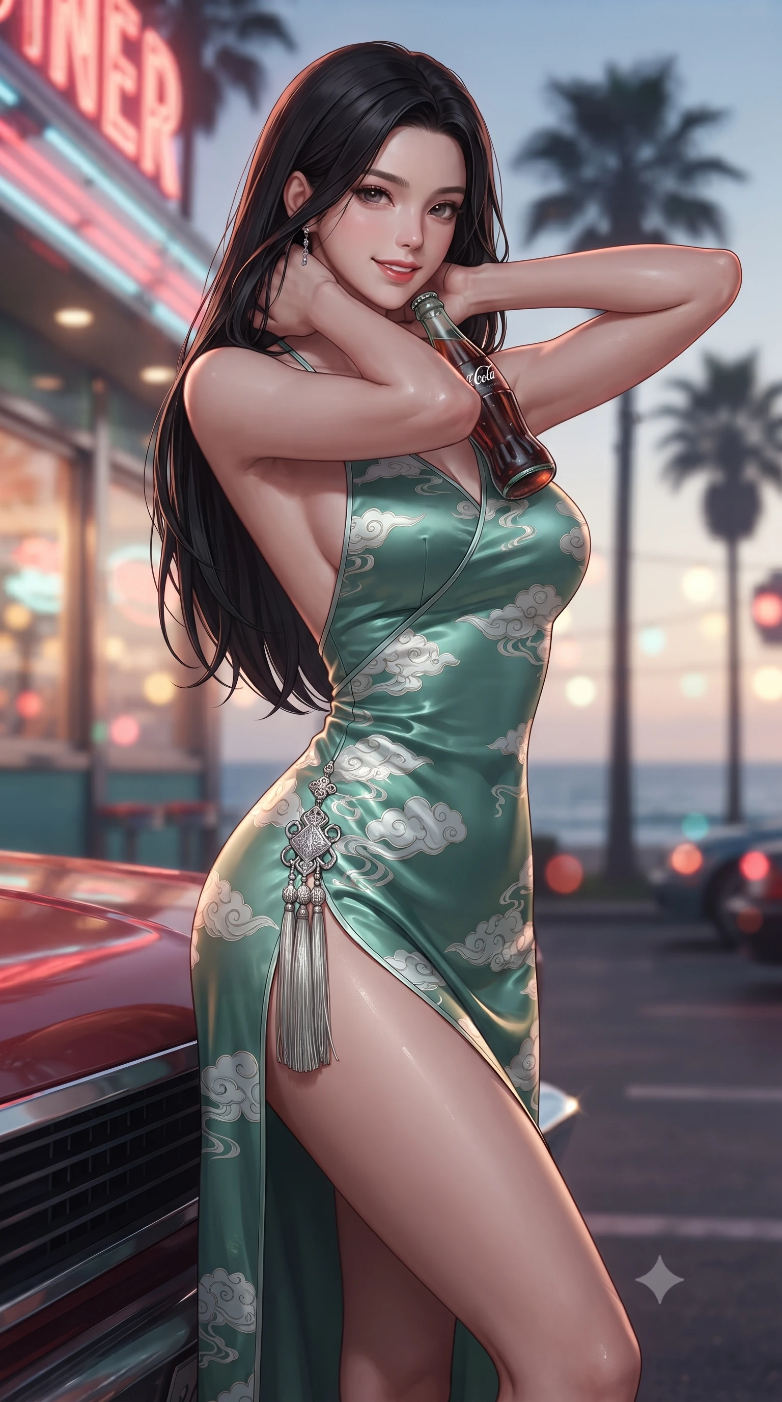 score_9, masterpiece, best quality, ultra-detailed, high-budget anime keyframe, editorial fashion photography, tasteful artistic composition, Korean woman. close-up cowboy shot from the waist and thighs up, the character dominates the composition, filling the frame with her large presence. resting both hands lightly behind her neck with elbows raised, arching her spine to highlight her narrow waist, flat midriff, and breathtaking collarbones while standing poised beside the diner's glowing neon sign with hips cocked back, holding a glass bottle soda with an intoxicating smile. The background shows a soft-focus the retro neon-lit diner facade, palm tree silhouettes, and Pacific Ocean horizon blurred into strawberry, turquoise, and gold bokeh. She has an exceptionally elegant, slender, and willowy female figure with an ultra-slim waist, flat toned midriff, narrow ribcage, and sculpted feminine hips creating an alluring, slim hourglass silhouette without bulk. sharp v-shaped jawline, high-bridge nose, sparkling eyes with hypnotic seductive depth, thick curled eyelashes, glossy parted lips with a natural dewy peach sheen, alluring bedroom-eyes with an enchanting coquettish smile, exuding magnetic siren charisma and sophisticated glamour, flawlessly proportioned anatomical accuracy, strict slender model proportions, natural body alignment, perfectly sculpted long slender limbs, ultra-slim waistline, clean dynamic posture without body distortion. wearing a backless embroidered silk satin slip dress with traditional cloud motifs contouring her narrow waist and curvy hips in moonlit jade green and pure alabaster white with silver accents, crafted from fluid liquid silk satin that clings smoothly to every curve with a dewy sheen, accented with an intricate silver norigae tassel swaying gracefully along her curving hip line, the high-slit wrap tailoring accentuating her ultra-slim waistline and the enchanting curve of her feminine hips with alluring seductive charm. illuminated by car hood specular bounce and sharp warm-gold rim lights sculpting her jawline, flat midriff, and voluptuous hip curves. ultra-reflective glossy finish, specular highlights, rich textural contrasts, high-contrast stereoscopic depth, volumetric dynamic lighting, 2k, ultra detail, master piece, 9:16 ratio
