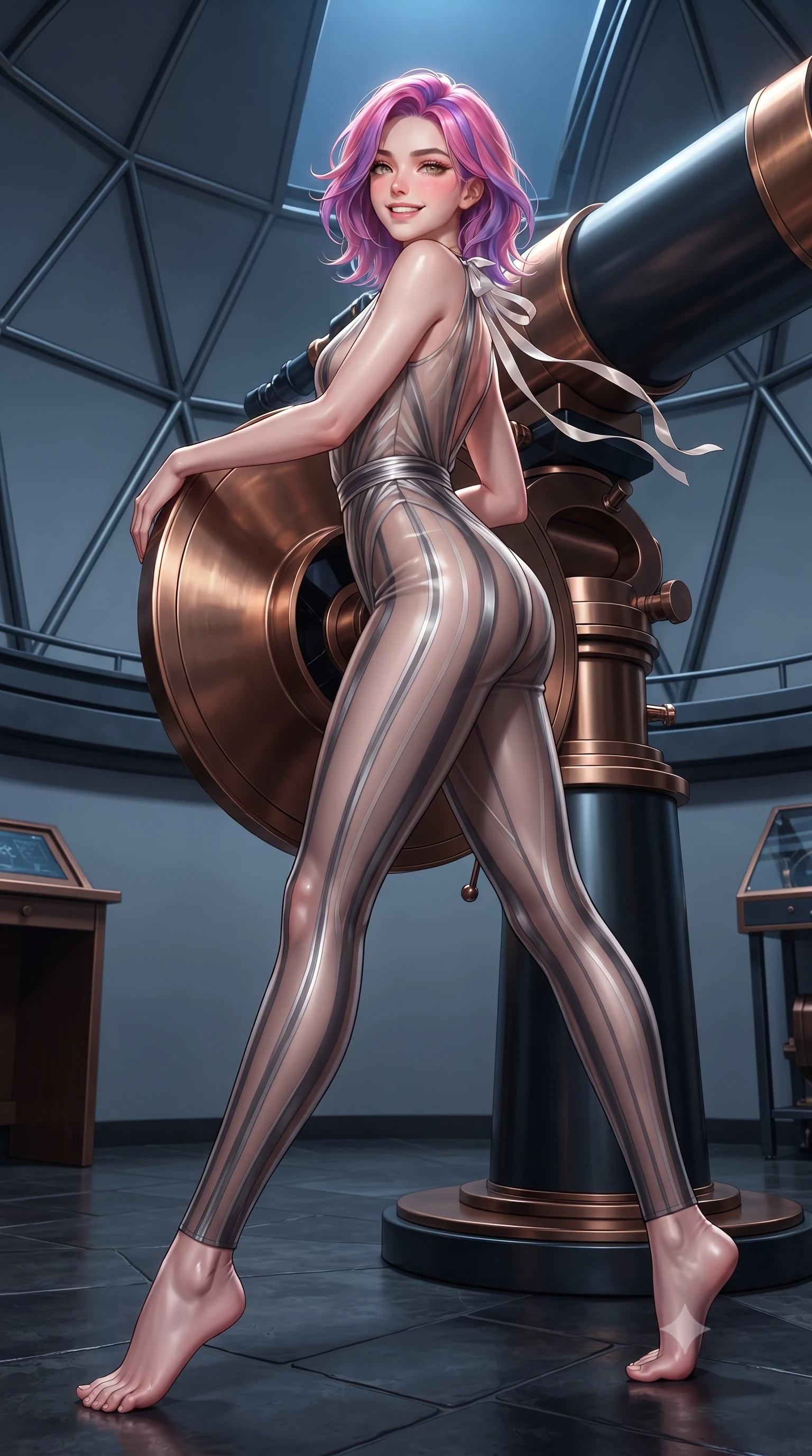 score_9, masterpiece, best quality, ultra-detailed, high-budget anime keyframe, editorial fashion photography, tasteful artistic composition, Caucasian woman. low angle full-body shot from head to toe showing her feet, filling the entire 9:16 vertical frame with her statuesque presence, stretching her vertical silhouette. stepping forward in a confident stride, her long slender legs and curvaceous hips creating a dynamic, sweeping vertical line while leaning against the circular bronze telescope mount with hips cocked back, looking over a bare shoulder with smoldering bedroom-eyes. The surrounding environment is rendered in vivid detail and crisp panoramic clarity: sharp triangular steel dome struts, dark natural slate floor textures, and polished bronze telescope hardware in deep focus. She has an exceptionally tall and slender model-like 8.5-heads proportion, an ultra-slim waist, a flat toned midriff, narrow delicate ribcage, and beautifully sculpted feminine hips creating a graceful, slim hourglass silhouette without any bulky heaviness, with impossibly long slender legs. sharp v-shaped jawline, high-bridge nose, intricate jewel-like sparkling eyes with depth, thick eyelashes, glossy parted lips with a natural peach sheen, bright cheerful beaming smile with an enchanting and coquettish sensual glint, exuding both youthful cute charm and seductive allure, flawlessly proportioned anatomical accuracy, strict slender model proportions, natural body alignment, perfectly sculpted long slender limbs, ultra-slim waistline, clean dynamic posture without body distortion. wearing a form-fitting sheer illusion bodysuit with liquid metallic stripes tracing her long slender leg lines in Hollywood starlight platinum and smoky charcoal, crafted from fluid liquid silk satin that clings smoothly to her narrow waist and rounded hips with a dewy sheen, finished with satin ribbon ties at the shoulders fluttering in the gentle breeze, the high-slit wrap tailoring accentuating her ultra-slim waistline and the enchanting curve of her feminine hips with alluring seductive charm. illuminated by slate floor reflection fill and sharp ice-blue and gold rim lights sculpting her features, flat midriff, and slender waist. ultra-reflective glossy finish, specular highlights, rich textural contrasts, high-contrast stereoscopic depth, volumetric dynamic lighting, 2k, ultra detail, master piece, 9:16 ratio