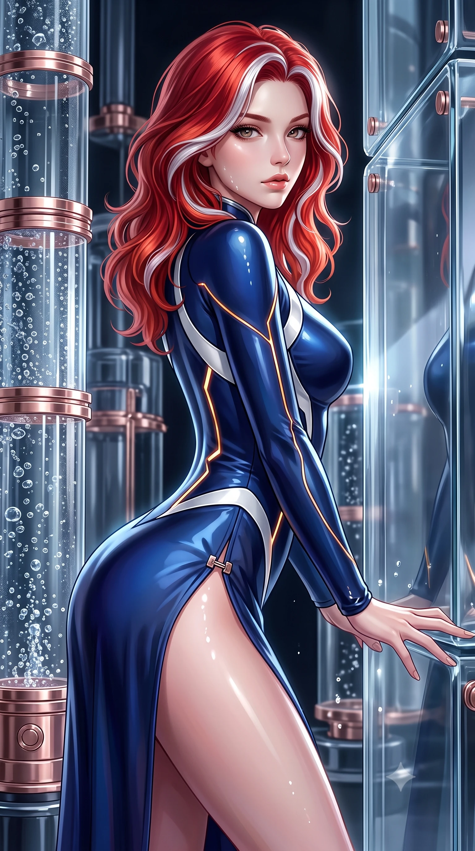 score_9, masterpiece, best quality, ultra-detailed, high-budget anime keyframe, editorial fashion photography, tasteful artistic composition, Caucasian woman. close-up cowboy shot from the waist and thighs up, the character dominates the composition, filling the frame with her large presence. stretching forward with an alluring arch of her spine, glancing over her shoulder with divine self-assurance and magnetic intensity while resting one hand on the polished crystal glass with a serene, newly-awakened goddess gaze looking directly into the camera. The surrounding environment is rendered in vivid detail and crisp panoramic clarity. intricate crystal glass cylinder seams, nano-fluid bubble textures, and rose-gold metal fittings in deep focus. She has an exceptionally elegant, slender, and willowy female figure with an ultra-slim waist, a gracefully sculpted slender torso, toned flat midriff, and a refined slim silhouette. sharp v-shaped jawline, high-bridge nose, intricate jewel-like eyes with depth, thick eyelashes, glossy lips with a natural sheen, flawlessly proportioned anatomical accuracy, strict slender model proportions, natural body alignment, perfectly sculpted long slender limbs, ultra-slim waistline, clean dynamic posture without body distortion. wearing a statuesque midnight cobalt and polished platinum bodysuit featuring sleek aerodynamic contour lines and glowing circuit accents in high-contrast monochrome white enamel and glowing amber lines, made of smooth flowing silk chiffon that shifts colors with movement, finished with an ultra-high side slit secured by miniature magnetic clasps, the liquid-tight tailored fabric emphasizing every curve of her tall, slender model proportions and sculptured silhouette during dynamic movement. illuminated by sparkling fluid droplet refractions and crisp specular highlights tracing her slender curves. ultra-reflective glossy finish, specular highlights, dark metallic sheen, high-contrast stereoscopic depth, volumetric dynamic lighting, 2k, ultra detail, master piece, 9:16 ratio