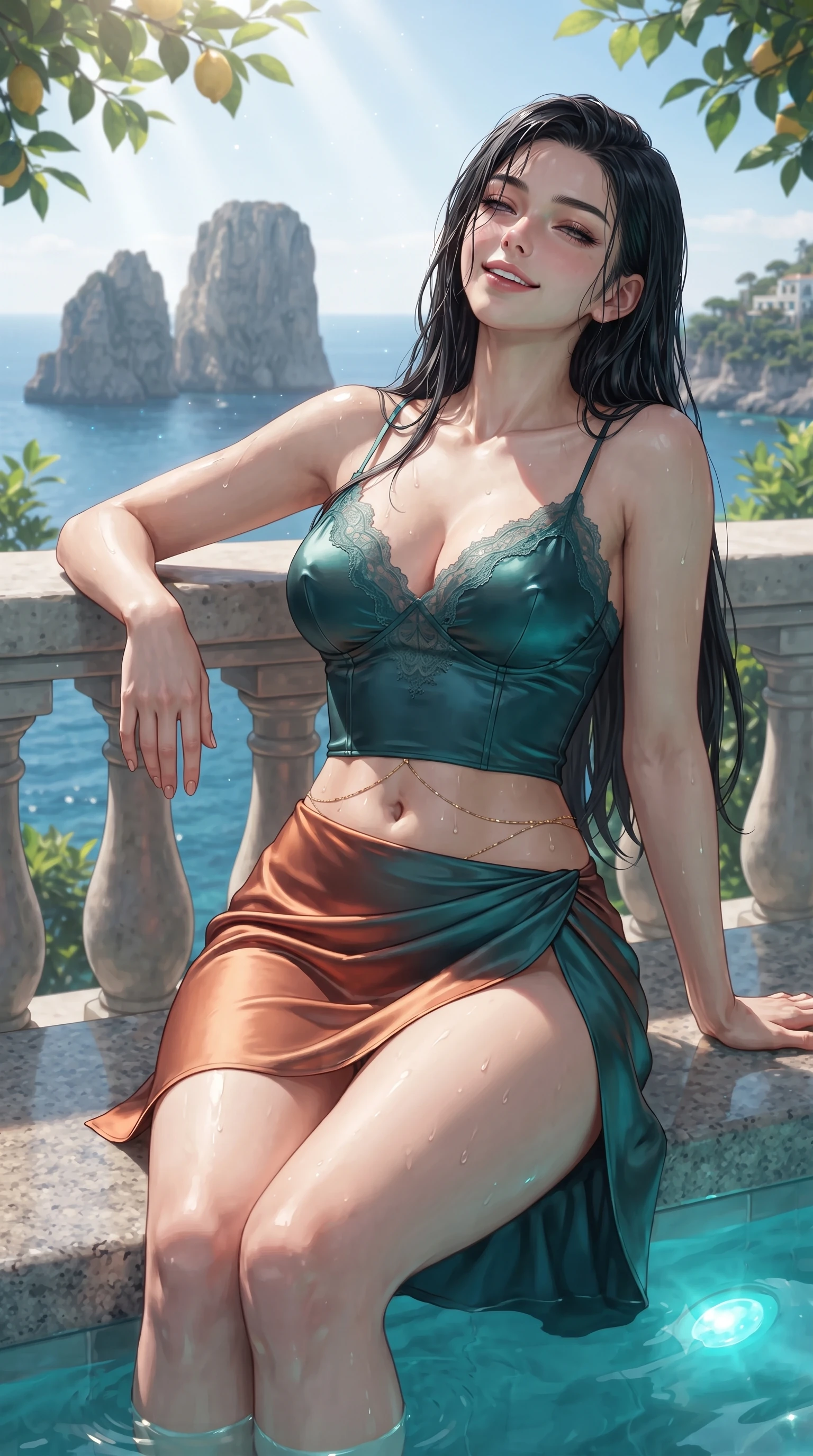 score_9, masterpiece, best quality, ultra-detailed, high-budget anime keyframe, editorial fashion photography, tasteful artistic composition, Korean woman. close-up cowboy shot from the waist and thighs up, the character dominates the composition, filling the frame with her large presence. leaning back against the balustrade with relaxed seductive grace, head tilted back slightly while casting a hypnotic, heavy-lidded gaze while sitting on the submerged granite bench of the open-air cliffside hydro-spa, arching her spine with wet-look siren grace overlooking the iconic Faraglioni rock stacks. The surrounding environment is rendered in vivid detail and crisp panoramic clarity: detailed form-fitting vinyl bustier texture, delicate waist chain gleam, and Capri luxury villa landscaping in high resolution. She has an exceptionally elegant, slender, and willowy female figure with an ultra-slim waist, flat toned midriff, narrow ribcage, and sculpted feminine hips creating an alluring, slim hourglass silhouette without bulk. sharp v-shaped jawline, high-bridge nose, sparkling eyes with hypnotic seductive depth, thick curled eyelashes, glossy parted lips with a natural dewy peach sheen, alluring bedroom-eyes with an enchanting coquettish smile, exuding magnetic siren charisma and sophisticated glamour, flawlessly proportioned anatomical accuracy, strict slender model proportions, natural body alignment, perfectly sculpted long slender limbs, ultra-slim waistline, clean dynamic posture without body distortion. wearing a delicate lace-trimmed silk camisole paired with a draped satin tulip mini skirt with high side slit in Ubud rainforest teal and sunset copper, crafted from fluid liquid silk satin that clings smoothly to every curve with a dewy sheen, accented with a dainty gold belly chain resting across her flat midriff and curving hips, the glove-like clinging cut tightly following the natural contour of her hips and long slender legs with youthful 8.5-heads elegance. bathed in warm underwater turquoise hydro-spa illumination contrasting with silver moonbeams filtering through lemon leaves. ultra-reflective glossy finish, specular highlights, rich textural contrasts, high-contrast stereoscopic depth, volumetric dynamic lighting, 2k, ultra detail, master piece, 9:16 ratio