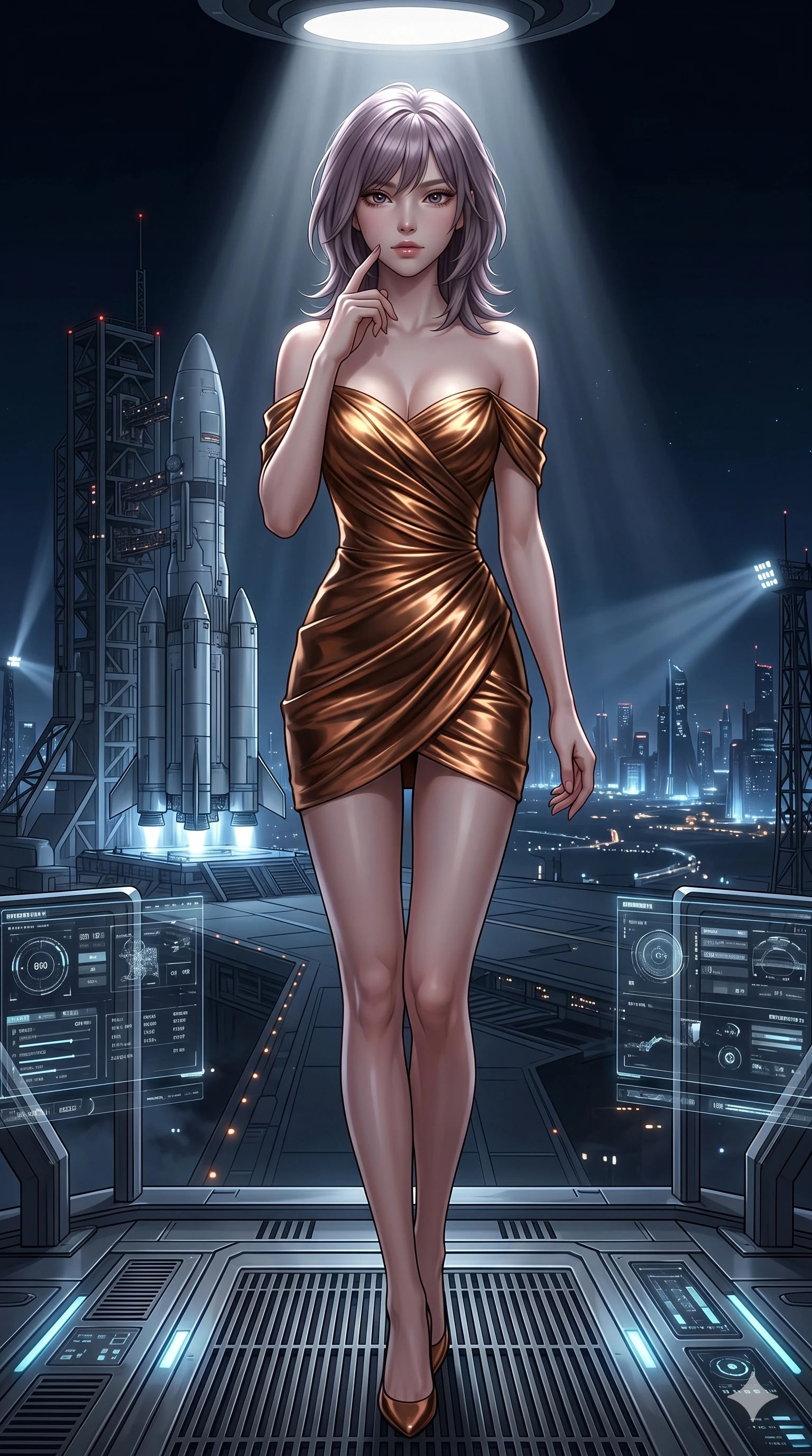 score_9, masterpiece, best quality, ultra-detailed, high-budget anime keyframe, editorial fashion photography, tasteful artistic composition, Japanese woman. cowboy shot from the thighs up, character and outfit filling the frame for maximum editorial presence. Touching the side of her face with a single finger, her expression contemplative and serene on a high-tech platform overlooking a futuristic rocket launchpad at night. She has an absolutely perfect 8-heads proportion, an exceptionally tall and slender female figure with impossibly long slender legs and an ultra-slim waist. V-shaped jawline, high-bridge nose, intricate jewel-like eyes with depth, thick eyelashes, glossy lips with a natural sheen. wearing an off-shoulder mini dress draped in molten bronze fabric that catches highlights with every contour. lit by a single overhead spotlight casting sharp volumetric rays of white light on her figure. 2k, ultra detail, master piece, 9:16 ratio