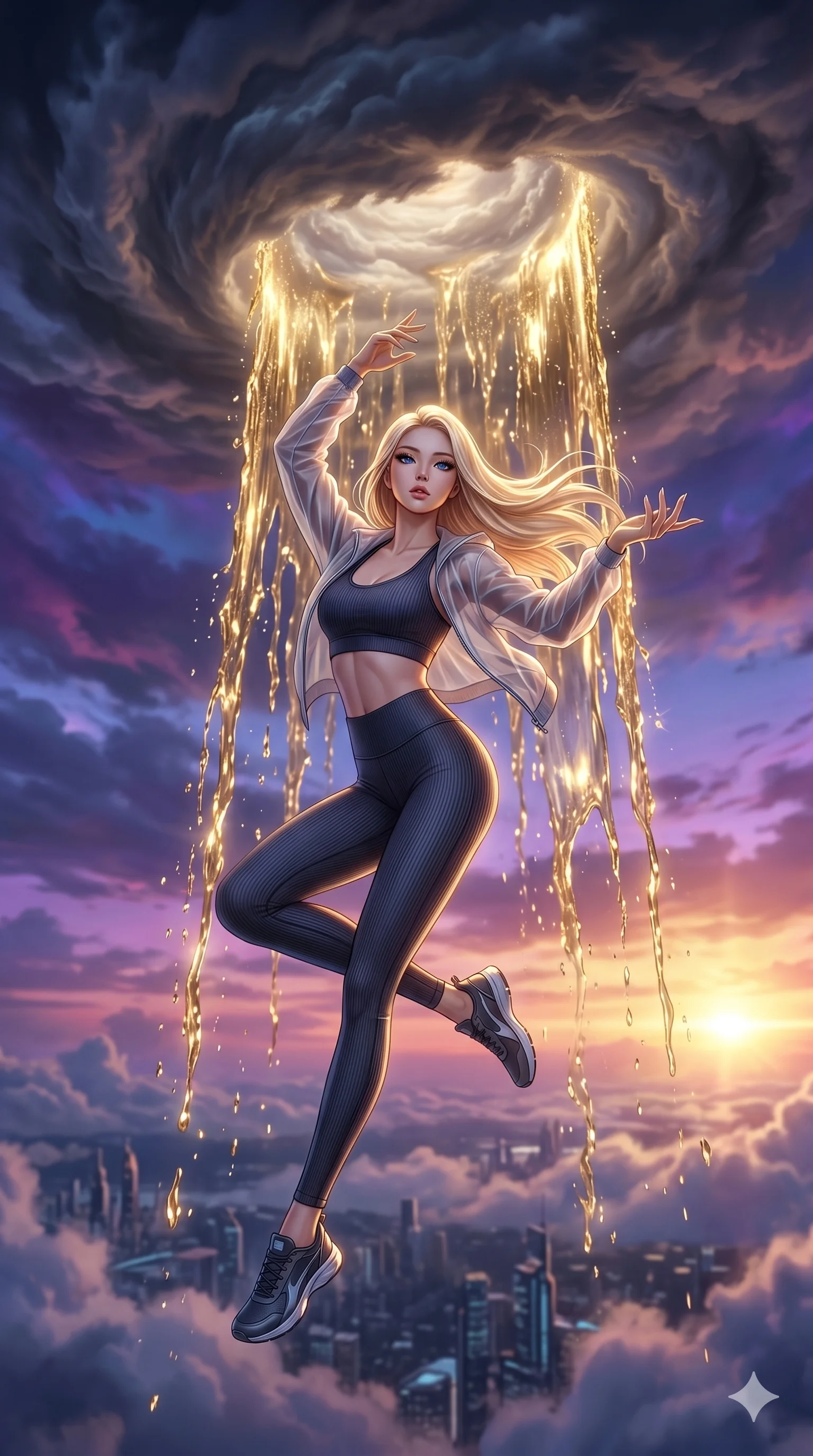score_9, masterpiece, best quality, ultra-detailed, photorealistic 8k CG, hyper-detailed textures, ray-tracing, Korean woman. Mid-air action shot capturing a graceful twist and vertical silhouette. commanding a rain of liquid gold to fall from the clouds. She has an absolutely perfect 8-heads proportion, an exceptionally tall and slender female figure with an ultra-slim waist and impossibly long slender legs. strictly human anatomy, two legs only, no extra limbs, clearly defined legs and arms, perfect anatomy, perfect hands and fingers. sharp v-shaped jawline, high-bridge nose, intricate jewel-like eyes, thick eyelashes, glossy lips. Wearing Premium Athleisure: Ribbed sports bra and leggings set, sheer windbreaker, and sleek high-performance activewear. The scene is illuminated by dramatic atmospheric lighting and vibrant color palettes. , 2k, ultra detail, master piece, 9:16 ratio