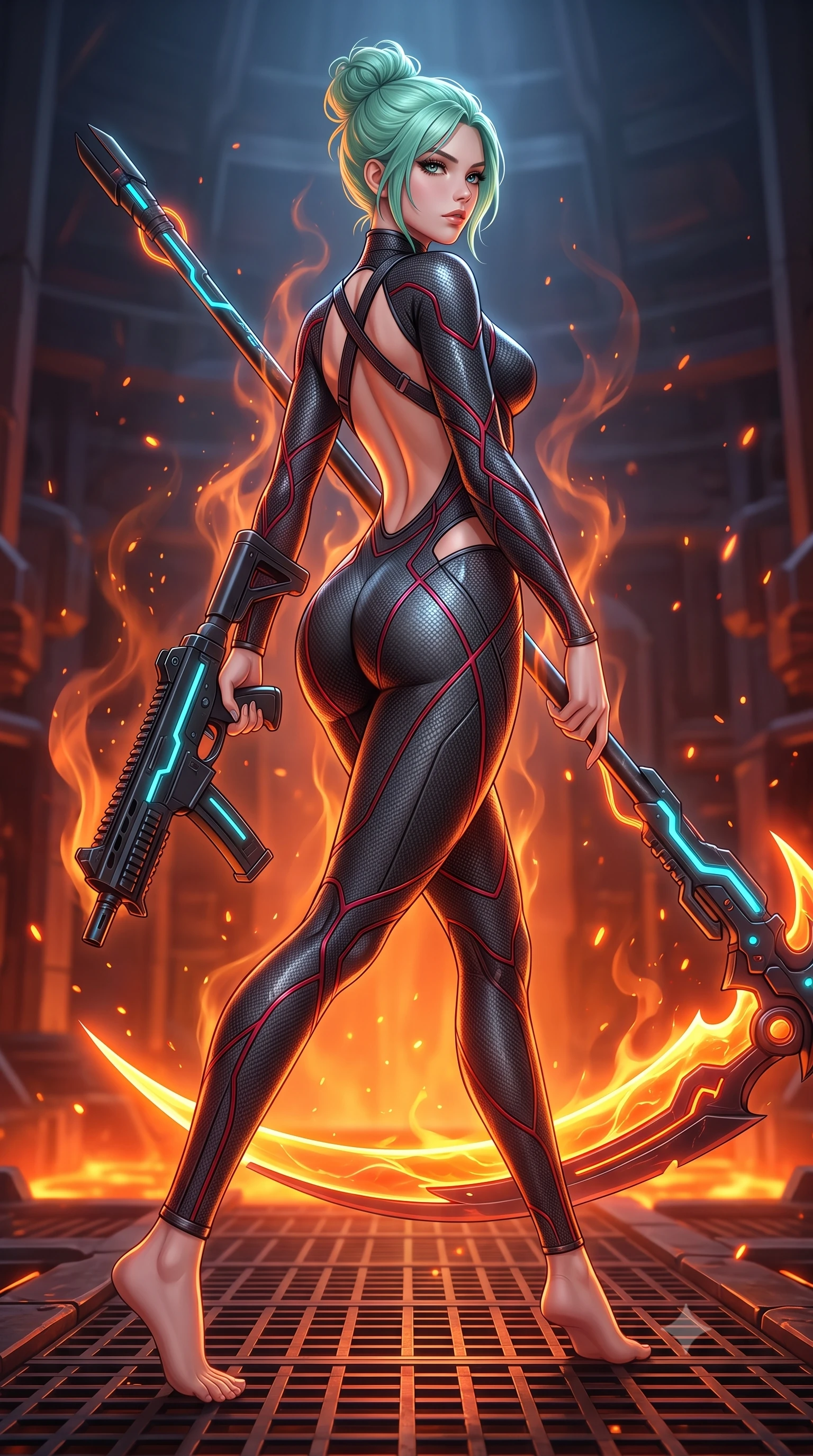 score_9, masterpiece, best quality, ultra-detailed, high-budget anime keyframe, semi-realistic 3D game render, editorial fashion photography, tasteful artistic composition, Japanese woman. low angle full-body shot from head to toe showing her feet, filling the entire 9:16 vertical frame with her statuesque presence, stretching her vertical silhouette. striding forward with commanding supermodel grace, weapon held at the ready, her 8.5-heads statuesque silhouette dominating the vertical frame from head to toe while arching her spine in a fluid stretch as rising heat waves and orange embers swirl around her sculpted silhouette. The surrounding environment is rendered in vivid detail and crisp panoramic clarity. razor-sharp molten plasma scythe blade curvature, glowing energy conduits along the staff, and iron grating in deep focus. She has an absolutely perfect, statuesque 8.5-heads proportion, an exceptionally tall and slender model-like female figure with impossibly long slender legs, a toned flat midriff, and an ultra-slim waist. sharp v-shaped jawline, high-bridge nose, intricate jewel-like eyes with depth, thick eyelashes, glossy lips with a natural sheen, flawlessly proportioned anatomical accuracy, strict slender model proportions, natural body alignment, perfectly sculpted long slender limbs, ultra-slim waistline, clean dynamic posture without body distortion. wearing a second-skin dark gunmetal carbon-weave battle-suit with crimson laser conduits, brandishing a sleek high-tech composite submachine weapon with effortless allure in matte obsidian carbon black with electric cyan conduits, made of liquid carbon-jersey fabric adhering flawlessly to her sculpted silhouette, complemented by criss-cross back harness straps highlighting her completely bare spine, the precision-cut daring openings accentuating her delicate midriff, graceful bare collarbones, and ultra-slim feminine waistline. bathed in blazing orange magma uplights and intense molten plasma scythe glow. rich saturated anime colors with glowing neon highlights, detailed shading with soft gradients, rich glossy textures, high-contrast stereoscopic depth, volumetric dynamic lighting, master piece, 9:16 ratio