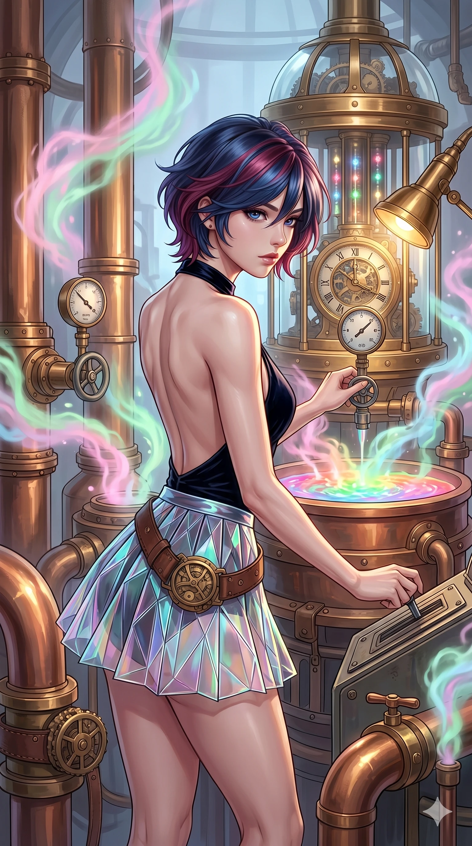 score_9, masterpiece, best quality, ultra-detailed, high-budget anime keyframe, Korean woman. upper body close-up from the thighs up, character filling the screen for maximum presence. operating a steampunk aurora foundry surrounded by massive copper pipes and leather belts, where pastel aurora gas billows from valves and liquid rainbow energy boils in a crucible. She has an absolutely perfect 8-heads proportion, an exceptionally tall and slender female figure with impossibly long slender legs and an ultra-slim waist. V-shaped jawline, high-bridge nose, intricate jewel-like eyes with depth, thick eyelashes, glossy lips with a natural sheen.. wearing a fractal glass pleated skirt and a backless black velvet halter neck top, creating a dramatic and elegant silhouette. lit by a soft glowing ambient light and a sharp side key light that traces the sleek contours of her athletic build. 2k, ultra detail, master piece, 9:16 ratio