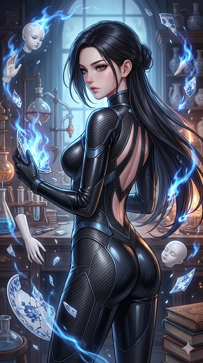 score_9, masterpiece, best quality, ultra-detailed, high-budget anime keyframe, Korean woman. upper body close-up from the thighs up, character filling the screen for maximum presence. assisting in an alchemical porcelain workshop where floating whit