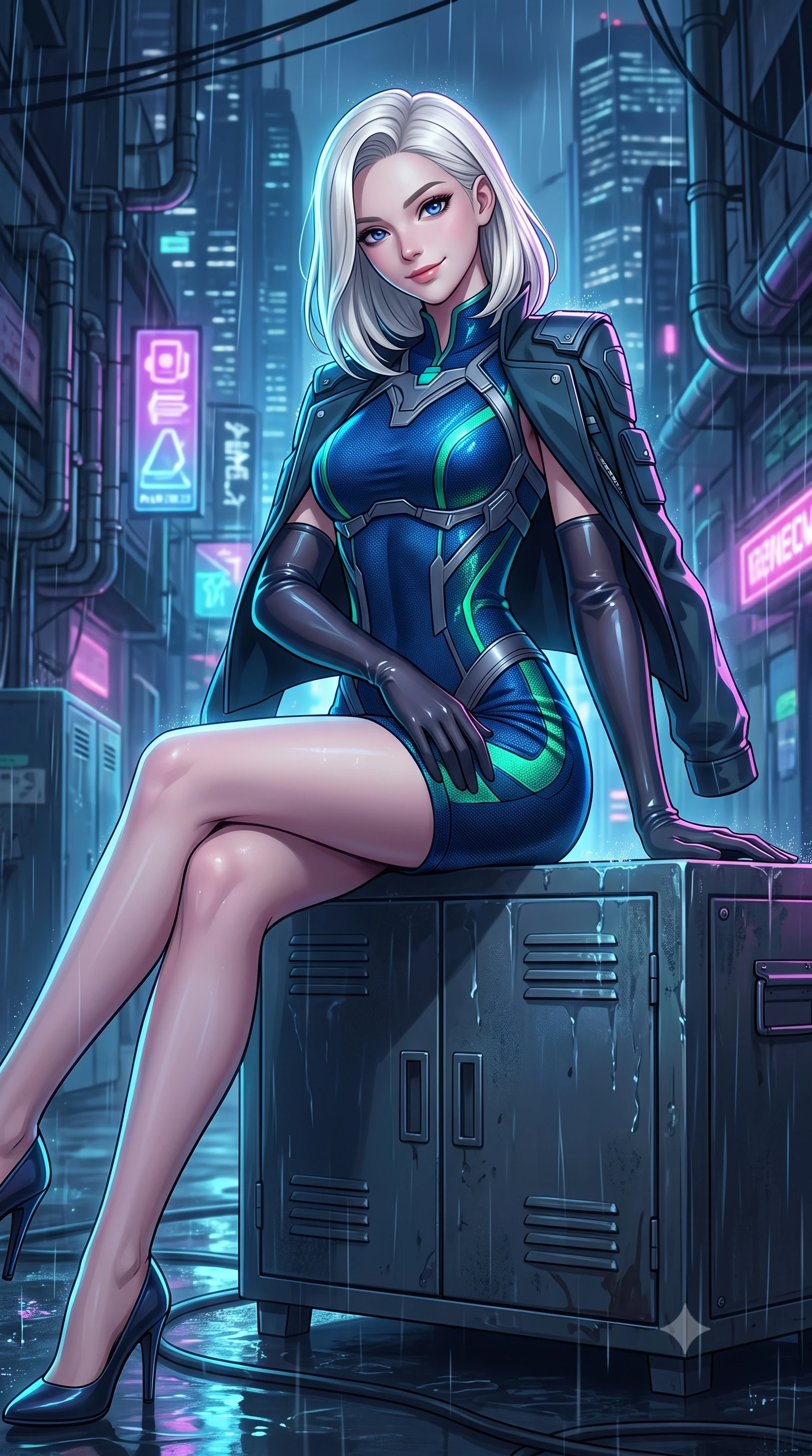 score_9, masterpiece, best quality, ultra-detailed, high-budget anime keyframe, semi-realistic 3D game render, editorial fashion photography, tasteful artistic composition, Caucasian woman. close-up cowboy shot from the waist and thighs up, the character dominates the composition, filling the frame with her large presence. tilting her head with a teasing half-smile, running one hand slowly down the side of her hip in a flirtatious S-curve as ambient light caresses her silhouette while lounging gracefully on the heated steel equipment locker with legs extended, displaying her long slender legs and statuesque hourglass silhouette amid rain-slicked neon. The surrounding environment is rendered in vivid detail and crisp panoramic clarity: detailed tactical combat coat, crisp anime linework, and dense futuristic megalopolis architecture in high resolution. She has an exceptionally elegant, slender, and willowy female figure with an ultra-slim waist, flat toned midriff, narrow ribcage, and sculpted feminine hips creating an alluring, slim hourglass silhouette without bulk. sharp v-shaped jawline, high-bridge nose, intricate jewel-like sparkling eyes with depth, thick eyelashes, glossy parted lips with a natural peach sheen, bright cheerful beaming smile with an enchanting and coquettish sensual glint, exuding both youthful cute charm and seductive allure, flawlessly proportioned anatomical accuracy, strict slender model proportions, natural body alignment, perfectly sculpted long slender limbs, ultra-slim waistline, clean dynamic posture without body distortion. wearing a dense bandage-knit tactical officer dress with subtle geometric chest accents contouring her delicate ribcage and feminine hips in bioluminescent emerald and abyssal sapphire, tailored from high-density tech-wool with subtle metallic thread weave, complemented by sheer opera-length evening gloves tracing her slender arms, the liquid-tight tailored fabric clinging flawlessly to her narrow waist and rounded feminine hips, emphasizing every millimeter of her sculpted slim hourglass curves without any bulky heaviness. illuminated by wet pavement reflection bounce and sharp laser-cyan rim lights defining her jawline, narrow waist, and curvy hips. highly saturated vibrant anime colors, detailed shading with soft gradients, rich glossy textures, high-contrast stereoscopic depth, volumetric dynamic lighting, master piece, 9:16 ratio