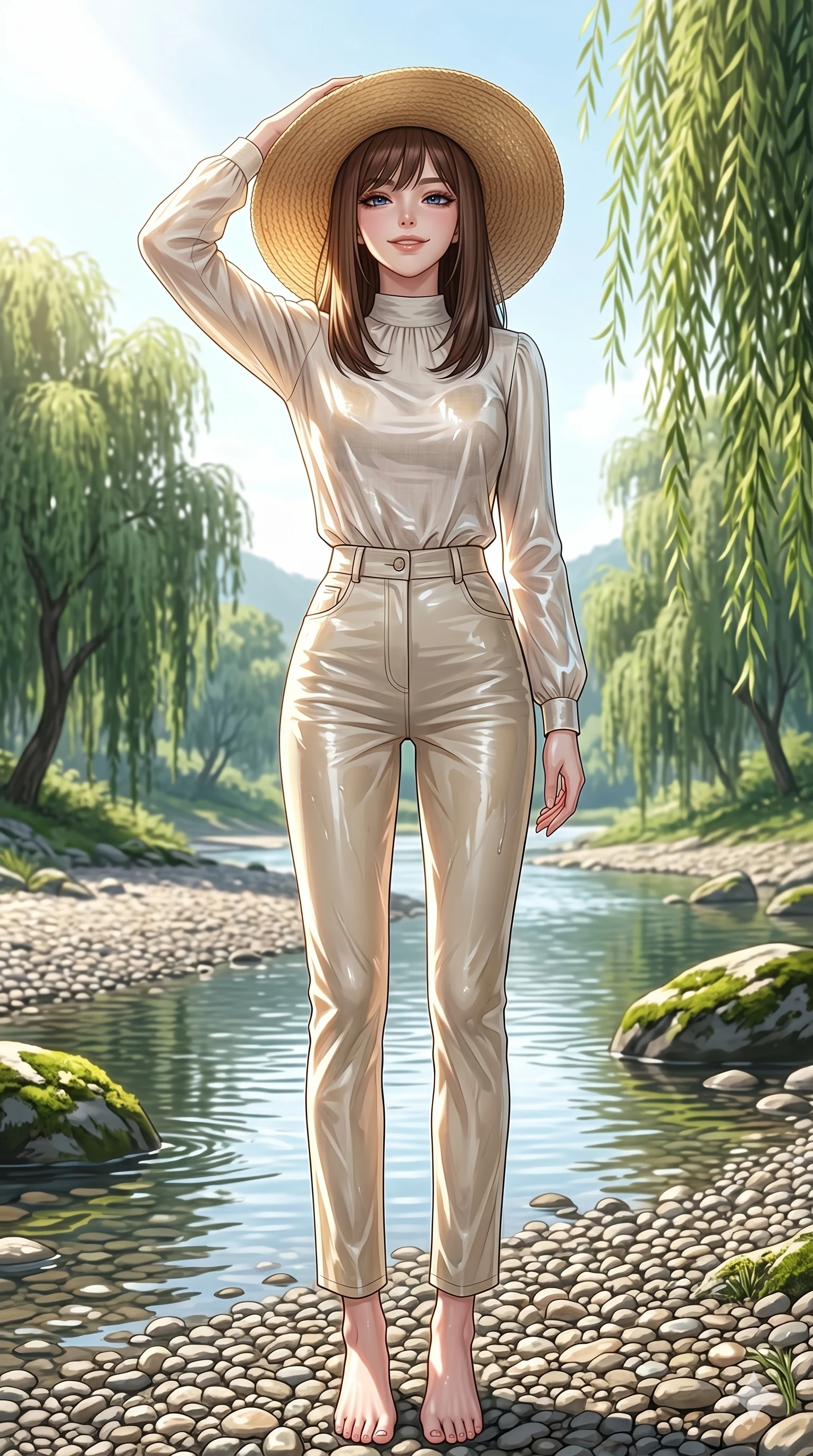 score_9, masterpiece, best quality, ultra-detailed, high-budget anime keyframe, editorial fashion photography, tasteful artistic composition, Korean woman. low angle full-body shot from head to toe showing her feet, filling the entire 9:16 vertical frame with her statuesque presence, stretching her vertical silhouette. tilting her head back slightly with a confident and powerful smile, one hand resting on her straw hat by a winding valley river with pebbled shores and weeping willows (Code-P19-027). She has an absolutely perfect 8-heads proportion, an exceptionally tall and slender female figure with impossibly long slender legs and an ultra-slim waist. V-shaped jawline, high-bridge nose, intricate jewel-like eyes with depth, thick eyelashes, glossy lips with a natural sheen. wearing a high-neck linen blouse with long sleeves tucked into high-waist cotton trousers. drenched in bright afternoon sun, highlighting the glossy and wet textures of her outfit. 2k, ultra detail, master piece, 9:16 ratio