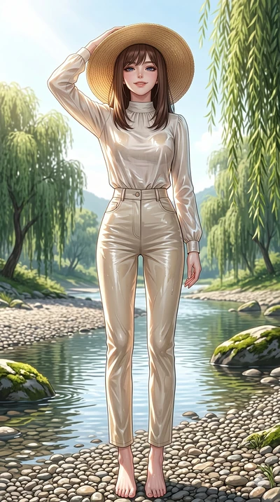 score_9, masterpiece, best quality, ultra-detailed, high-budget anime keyframe, editorial fashion photography, tasteful artistic composition, Korean woman. low angle full-body shot from head to toe showing her feet, filling the entire 9:16 vertical f