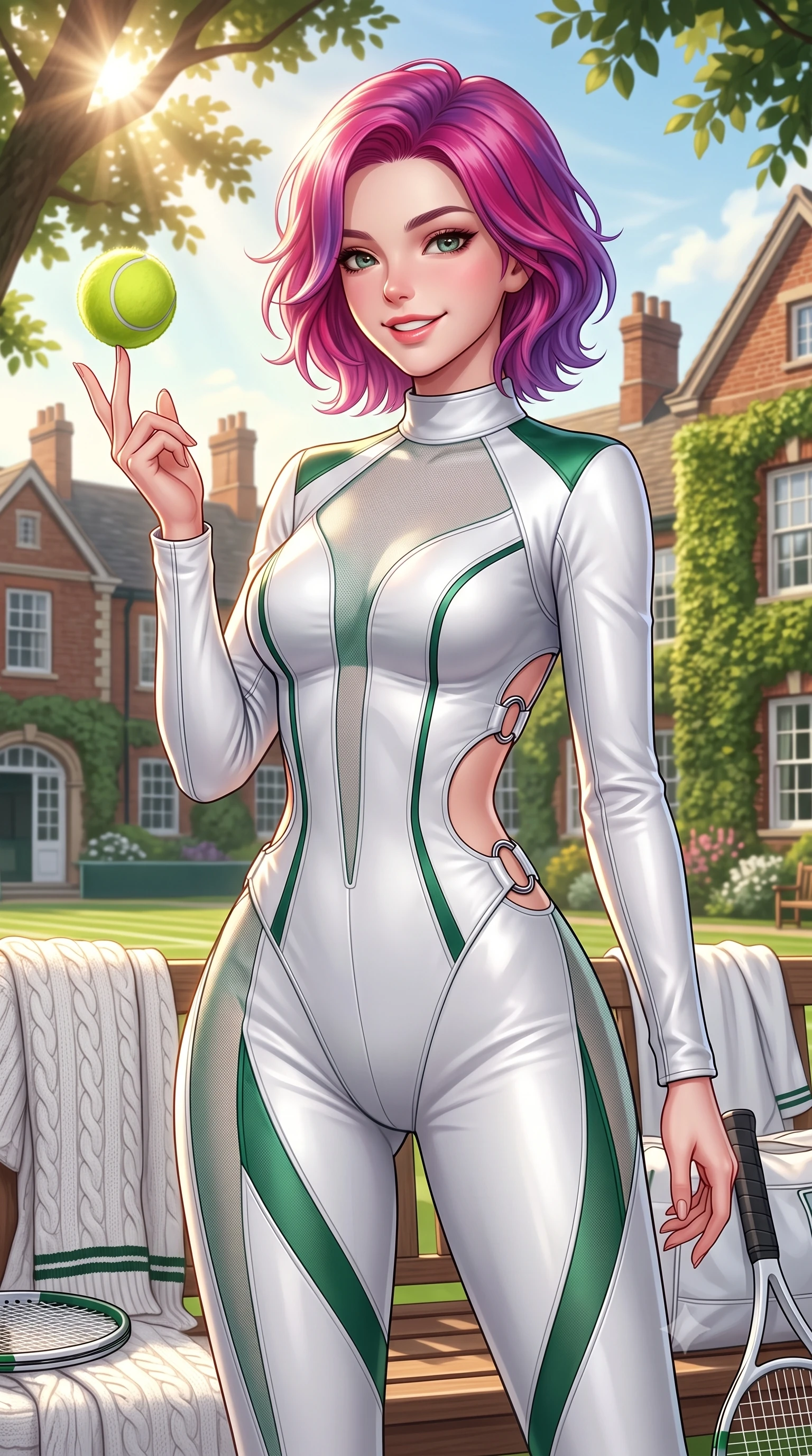 score_9, masterpiece, best quality, ultra-detailed, high-budget anime keyframe, semi-realistic 3D game render, editorial fashion photography, tasteful artistic composition, Caucasian woman. close-up cowboy shot from the waist and thighs up, the character dominates the composition, filling the frame with her large presence. playfully spinning a tennis ball on her fingertips, her radiant smile capturing fresh girlhood charm while her arched torso reveals an intoxicating hip contour while twisting her slender torso in an alluring contrapposto stance, English summer sunbeams highlighting her crisp white tennis fit and curvy hips. The surrounding environment is rendered in vivid detail and crisp panoramic clarity: detailed white cable-knit texture, sunburst highlights on hair, and Wimbledon heritage architecture in razor-sharp precision. She has an exceptionally elegant, slender, and willowy female figure with an ultra-slim waist, flat toned midriff, narrow ribcage, and sculpted feminine hips creating an alluring, slim hourglass silhouette without bulk. sharp v-shaped jawline, high-bridge nose, sparkling eyes with athletic focus and depth, thick curled eyelashes, glossy parted lips with a natural coral-peach sheen, bright confident and coquettish smile with alluring bedroom-eyes, exuding both youthful sporty vigor and sovereign high-society glamour, flawlessly proportioned anatomical accuracy, strict slender model proportions, natural body alignment, perfectly sculpted long slender limbs, ultra-slim waistline, clean dynamic posture without body distortion. wearing a form-fitting white-and-emerald paddock racing jumpsuit with strategic sheer mesh panels along the torso and thighs in alpine silver platinum and forest green, crafted from supple buttery lambskin racing leather with a satin sheen, finished with sharp laser-cut side ventilation cutouts framed by chrome rings, the form-fitting tailored bodice adhering flawlessly to her sculpted flat midriff and slender torso, emphasizing her long leg lines and perfectly proportioned willowy build. bathed in soft warm English afternoon sunlight filtering through stately oak trees. highly saturated vibrant anime colors, detailed shading with soft gradients, rich glossy textures, high-contrast stereoscopic depth, volumetric dynamic lighting, master piece, 9:16 ratio