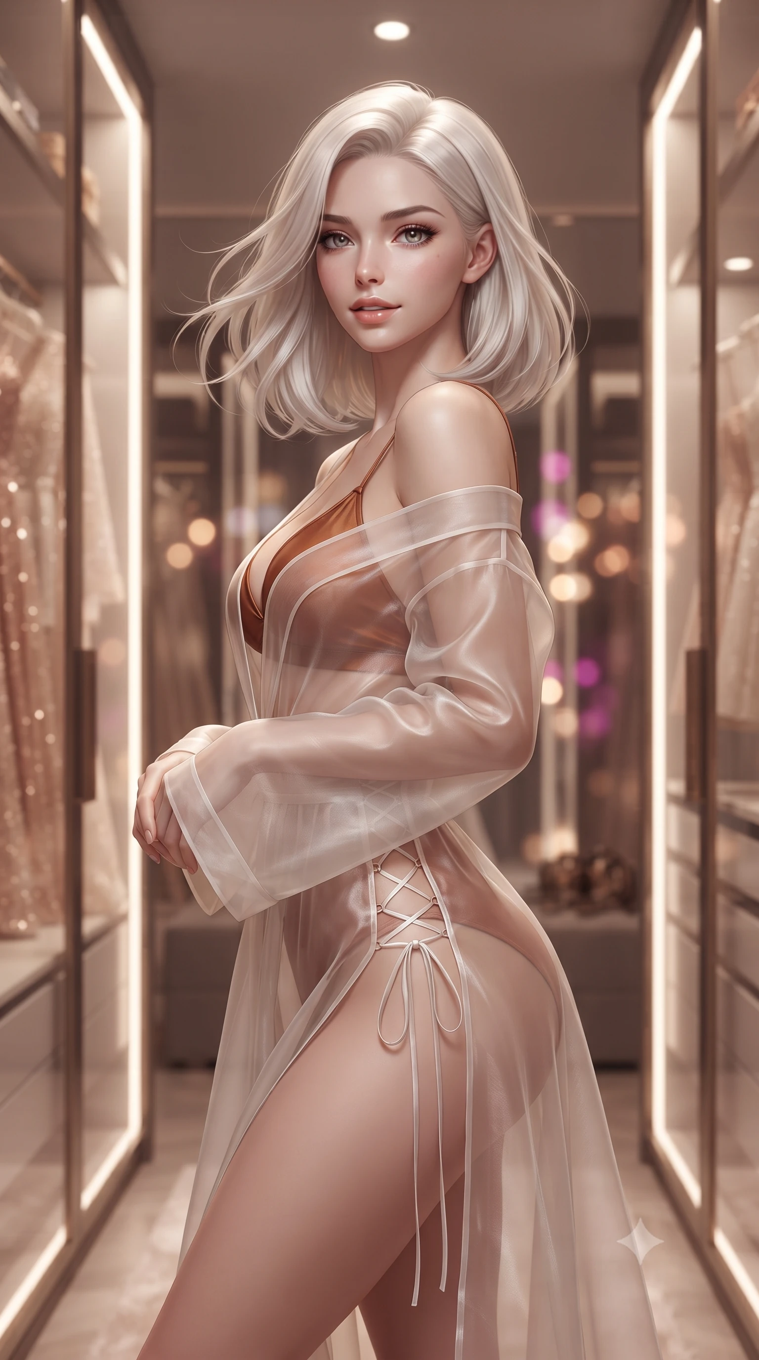 score_9, masterpiece, best quality, ultra-detailed, high-budget anime keyframe, editorial fashion photography, tasteful artistic composition, Caucasian woman. close-up cowboy shot from the waist and thighs up, the character dominates the composition, filling the frame with her large presence. turning slowly with an enchanting smoldering smile, her glossy hair tossing in the breeze as her hips angle gracefully in a captivating contrapposto while standing poised between floor-to-ceiling illuminated glass wardrobe vitrines, arching her back with sovereign supermodel posture. The background shows a soft-focus illuminated luxury wardrobe vitrines displaying couture gowns, backlit smoky mirrors, and dazzling Sunset Strip neon lights blurred into champagne, rose-gold, and magenta bokeh. She has an exceptionally elegant, slender, and willowy female figure with an ultra-slim waist, flat toned midriff, narrow ribcage, and sculpted feminine hips creating an alluring, slim hourglass silhouette without bulk. sharp v-shaped jawline, high-bridge nose, intricate jewel-like sparkling eyes with depth, thick eyelashes, glossy parted lips with a natural peach sheen, bright cheerful beaming smile with an enchanting and coquettish sensual glint, exuding both youthful cute charm and seductive allure, flawlessly proportioned anatomical accuracy, strict slender model proportions, natural body alignment, perfectly sculpted long slender limbs, ultra-slim waistline, clean dynamic posture without body distortion. wearing a modern sheer organza kimono dress with wide sleeves slipping gracefully off bare shoulders over a fitted bralette in warm cinnamon silk and burnished gold, crafted from translucent silk organza with an ethereal crystalline sheen, featuring fine criss-cross lace-up side ties revealing tantalizing glimpses of her hip curve, the precision-cut side openings and low-back scoop framing her graceful spine and the sensual sweep of her slim, toned hips. bathed in 3000K warm-white architectural LED vitrine lighting and soft cove perimeter illumination. ultra-reflective glossy finish, specular highlights, rich textural contrasts, high-contrast stereoscopic depth, volumetric dynamic lighting, 2k, ultra detail, master piece, 9:16 ratio