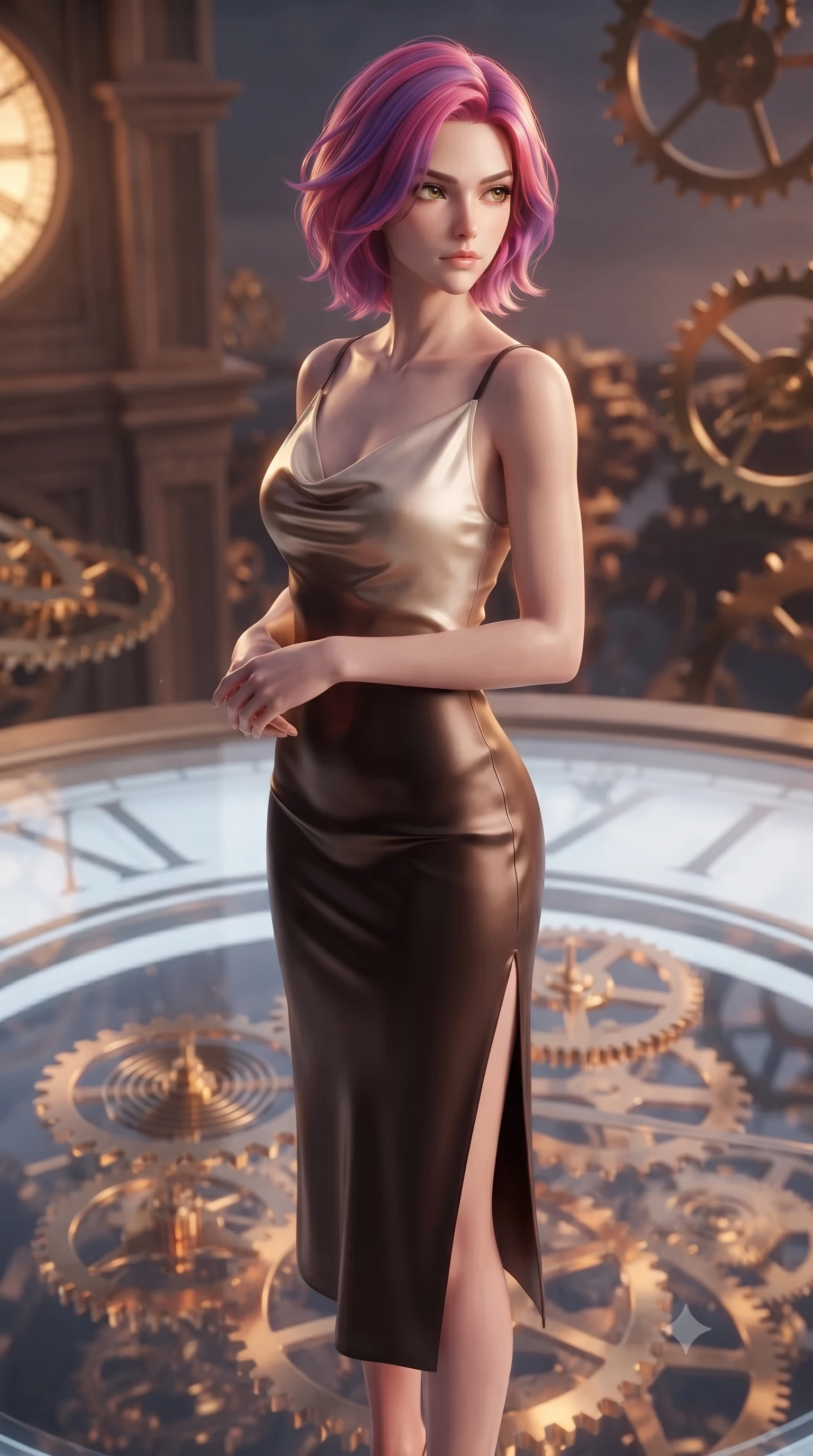 score_9, masterpiece, best quality, ultra-detailed, high-budget anime keyframe, editorial fashion photography, tasteful artistic composition, Caucasian woman. close-up cowboy shot from the waist and thighs up, the character dominates the composition, filling the frame with her large presence, background elements kept in soft focus. Gazing past the camera with an air of effortless elegance and mysterious confidence standing atop a giant translucent Roman numeral clock dial in a high tower, floating brass gears and clocksprings casting intricate metallic reflections. She has an exceptionally elegant, slender, and willowy female figure with an ultra-slim waist, a gracefully sculpted slender torso, and a refined silhouette. sharp v-shaped jawline, high-bridge nose, intricate jewel-like eyes with depth, thick eyelashes, glossy lips with a natural sheen. wearing an elegant cowl-neck satin midi dress with a draped neckline in espresso brown and warm cream, crafted from lustrous satin jersey with fluid draping, finished with a sleek side slit ascending to mid-thigh, the glove-like fit emphasizing her statuesque silhouette. bathed in warm twilight amber backlighting and rich metallic specular glow. ultra-reflective glossy finish, specular highlights, metallic sheen, high-contrast stereoscopic depth, volumetric dynamic lighting, 2k, ultra detail, master piece, 9:16 ratio
