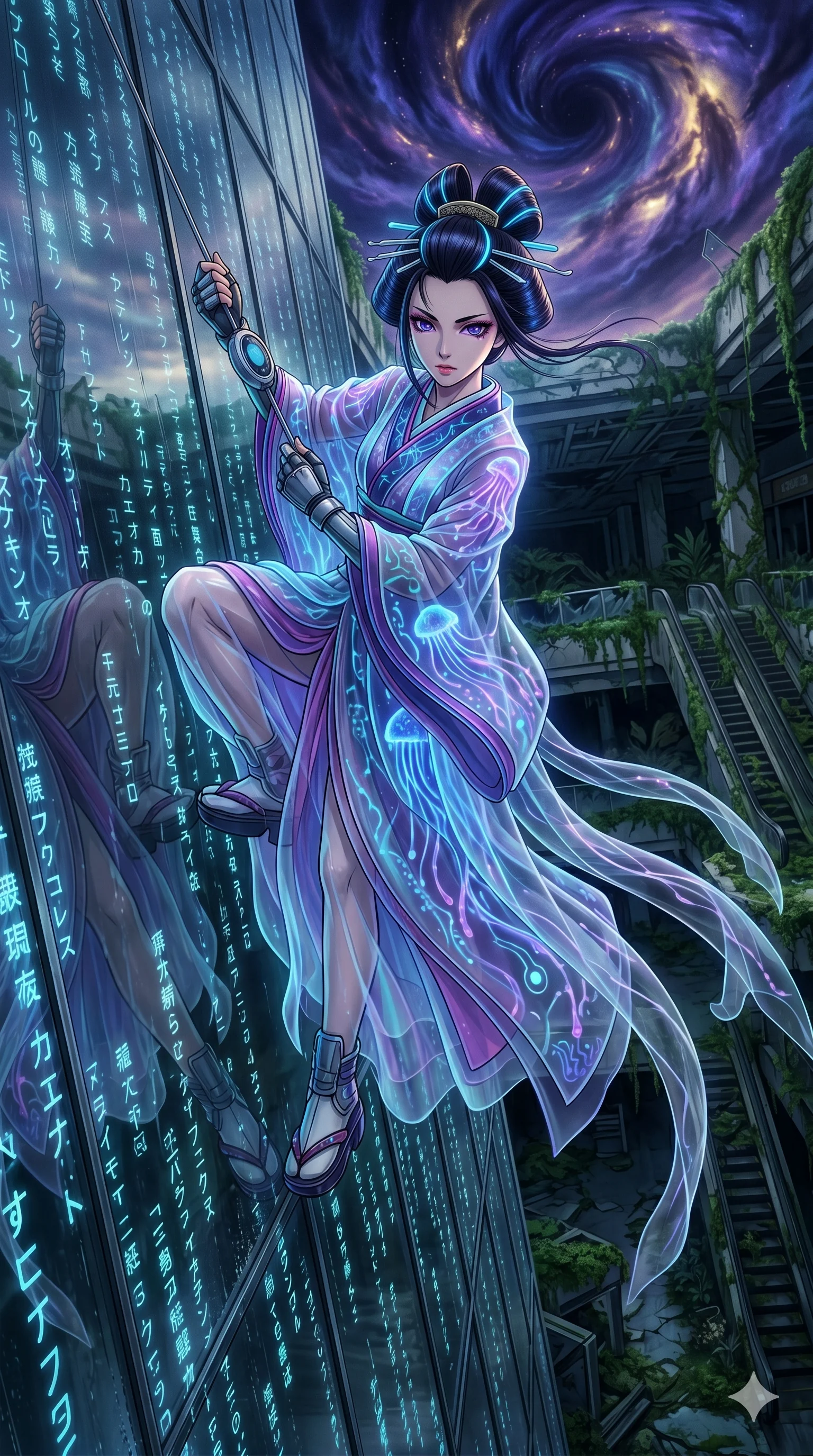 score_9, masterpiece, best quality, ultra-detailed, Set A: High-budget Anime Keyframe, Japanese woman. Upper body close-up from the thighs up, character filling the screen for maximum presence. Theme: Historical Remix. sliding down a glass skyscraper in a ruined overgrown shopping mall, as a digital rain of 137 symbols washes over her. The atmosphere is filled with a swirling vortex of stars. She has an absolutely perfect 8-heads proportion, an exceptionally tall and slender female figure with impossibly long slender legs and an ultra-slim waist. Sharp v-shaped jawline, high-bridge nose, intricate jewel-like eyes with depth, glossy lips. Wearing Bioluminescent jellyfish-inspired dress with long flowing transparent tentacles. Cinematic lighting, vivid colors, dramatic shadows, 2k, ultra detail, master piece, 9:16 ratio