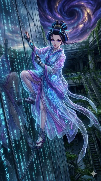 score_9, masterpiece, best quality, ultra-detailed, Set A: High-budget Anime Keyframe, Japanese woman. Upper body close-up from the thighs up, character filling the screen for maximum presence. Theme: Historical Remix. sliding down a glass skyscraper