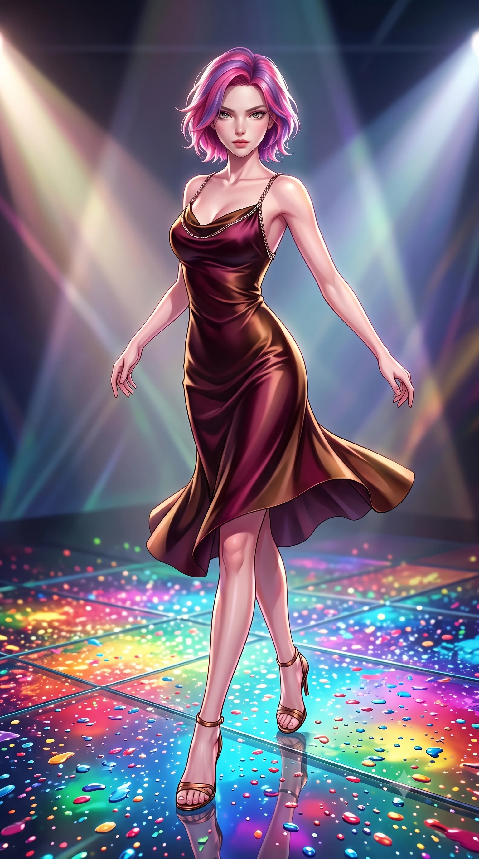 score_9, masterpiece, best quality, ultra-detailed, high-budget anime keyframe, editorial fashion photography, tasteful artistic composition, Caucasian woman. low angle full-body shot from head to toe showing her feet, filling the entire 9:16 vertical frame with her statuesque presence, stretching her vertical silhouette. performing an athletic mid-air rotation with flawless poise, her vertical silhouette beautifully stretched while pivoting gracefully on a glass floor drenched in vibrant multi-color light reflections, vibrant paint droplets frozen in time casting specular highlights. She has an absolutely perfect, statuesque 8.5-heads proportion, an exceptionally tall and slender model-like female figure with impossibly long slender legs and an ultra-slim waist. sharp v-shaped jawline, high-bridge nose, intricate jewel-like eyes with depth, thick eyelashes, glossy lips with a natural sheen, flawlessly proportioned anatomical accuracy, natural body alignment, perfectly sculpted elegant limbs, clean dynamic posture without body distortion. wearing an elegant cowl-neck satin midi dress with a graceful draped neckline in deep burgundy and bronze, crafted from lustrous satin jersey with fluid draping, adorned with delicate metallic chain straps along the neckline, the glove-like fit emphasizing her statuesque silhouette during motion. illuminated by high-contrast studio spotlights with sharp specular highlights. highly saturated vibrant anime colors, detailed shading with soft gradients, rich glossy textures, high-contrast stereoscopic depth, volumetric dynamic lighting, master piece, 9:16 ratio
