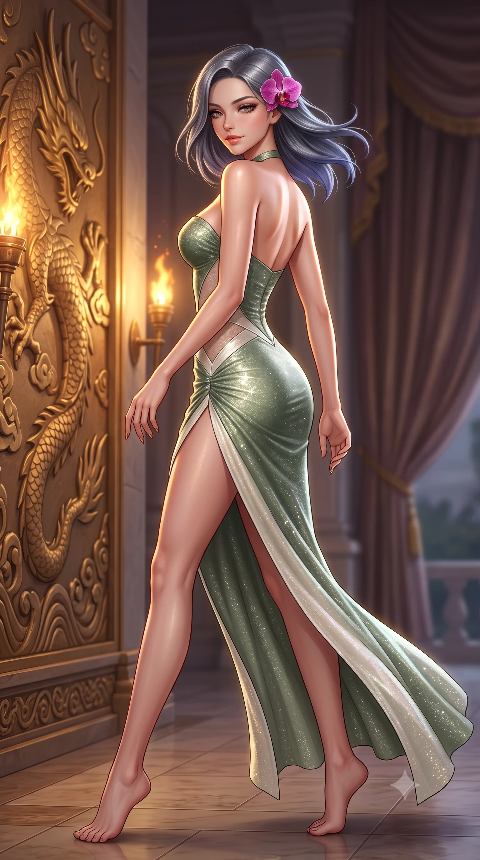 score_9, masterpiece, best quality, ultra-detailed, high-budget anime keyframe, semi-realistic 3D game render, editorial fashion photography, tasteful artistic composition, Caucasian woman. low angle full-body shot from head to toe showing her feet, filling the entire 9:16 vertical frame with her statuesque presence, stretching her vertical silhouette. walking along the terrace with poise, looking back over her bare shoulder with an irresistible smoldering bedroom-gaze while twisting her slender torso in an alluring contrapposto stance beside the relief-carved golden dragon wall, torches illuminating her hourglass curves. The background shows a soft-focus heavy velvet salon portières softened in elite high-stakes shallow focus. She has an absolutely perfect, statuesque 8.5-heads proportion, an exceptionally tall and slender model-like female figure with impossibly long slender legs, an ultra-slim waist, a flat toned midriff, narrow delicate ribcage, and beautifully sculpted feminine hips creating a graceful, slim hourglass silhouette without any bulky heaviness. sharp v-shaped jawline, high-bridge nose, sparkling eyes with hypnotic seductive depth, thick curled eyelashes, glossy parted lips with a natural dewy peach sheen, alluring bedroom-eyes with an enchanting coquettish smile, exuding magnetic siren charisma and sophisticated glamour, flawlessly proportioned anatomical accuracy, strict slender model proportions, natural body alignment, perfectly sculpted long slender limbs, ultra-slim waistline, clean dynamic posture without body distortion. wearing a deep sweetheart-neckline velvet bodycon dress with sheer side-torso cutouts accentuating her hourglass curves in botanical sage green and pure pearlescent ivory with rose trims, woven from stretch metallic lurex jersey casting radiant starlight glints across her silhouette, accented with a fresh-bloomed exotic magenta orchid tucked gracefully into her dark glossy hair, the high-slit wrap tailoring accentuating her ultra-slim waistline and the enchanting curve of her feminine hips with alluring seductive charm. illuminated by polished table lacquer bounce and sharp warm-gold rim lights sculpting her jawline, flat midriff, and voluptuous hip curves. highly saturated vibrant anime colors, detailed shading with soft gradients, rich glossy textures, high-contrast stereoscopic depth, volumetric dynamic lighting, master piece, 9:16 ratio