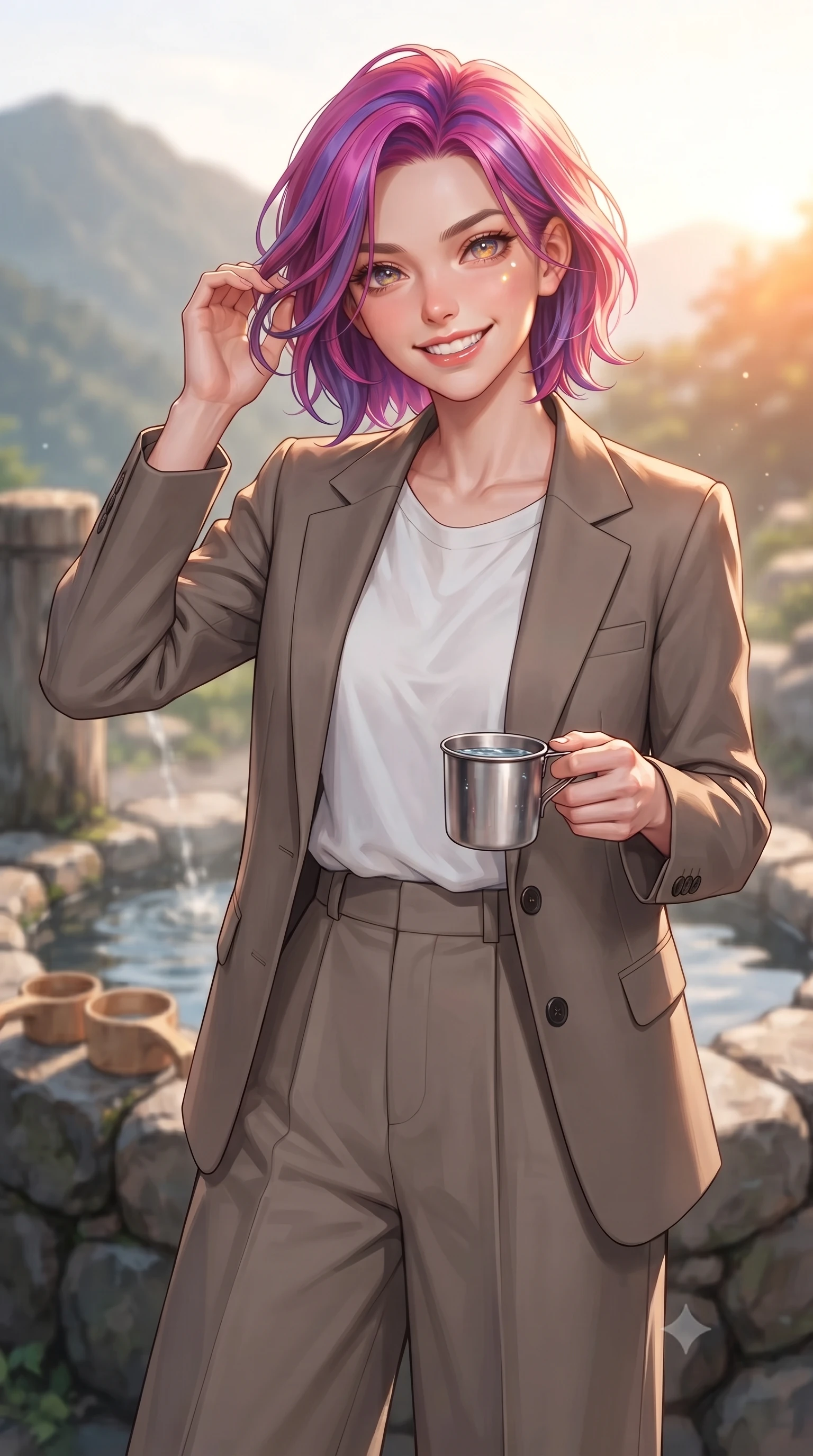 score_9, masterpiece, best quality, ultra-detailed, high-budget anime keyframe, editorial fashion photography, tasteful artistic composition, Caucasian woman. close-up cowboy shot from the waist and thighs up, the character dominates the composition, filling the frame with her large presence, background elements kept in soft focus. flashing an intoxicating, sunny grin while brushing a strand of hair away from her face set against a soft-focus background of next to a mountain spring well with clear water and wooden cups with a small metal cup of fresh spring water held in her hands. She has an exceptionally elegant, slender, and willowy female figure with an ultra-slim waist, a gracefully sculpted slender torso, and a refined silhouette. sharp v-shaped jawline, high-bridge nose, intricate jewel-like eyes with depth, thick eyelashes, glossy lips with a natural sheen. wearing body-hugging tailored casual blazer in taupe, paired with a loose tee and wide-leg trousers. cool morning mountain air diffusing the bright orange sunrise glow. ultra-reflective glossy finish, specular highlights, metallic sheen, high-contrast stereoscopic depth, volumetric dynamic lighting, 2k, ultra detail, master piece, 9:16 ratio