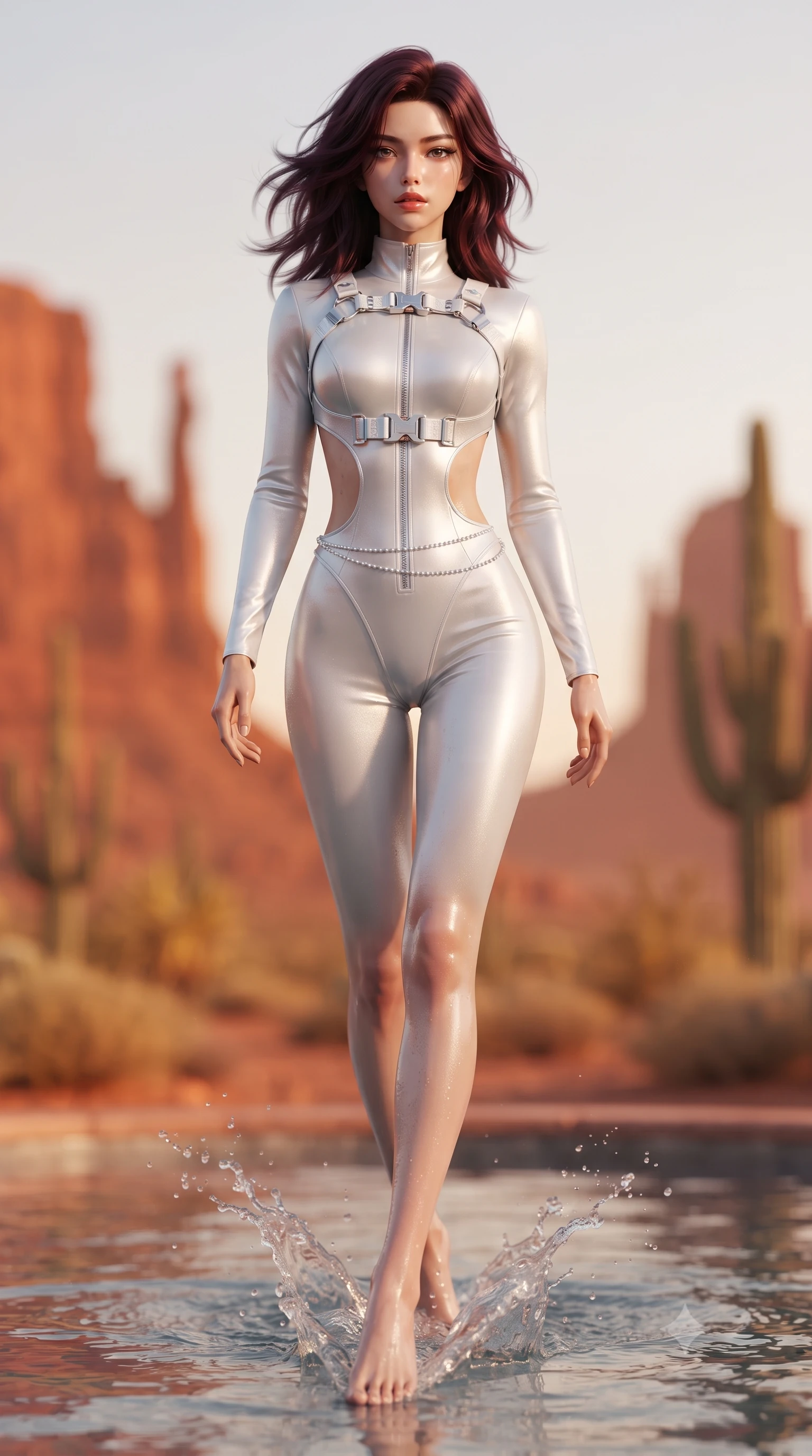 score_9, masterpiece, best quality, ultra-detailed, high-budget anime keyframe, editorial fashion photography, tasteful artistic composition, Korean woman. low angle full-body shot from head to toe showing her feet, filling the entire 9:16 vertical frame with her statuesque presence, stretching her vertical silhouette. striding forward in a proud supermodel runway stride, hips swaying in an alluring kinetic rhythm that accentuates her curvy hourglass silhouette while wading lightly into the shallow thermal mineral pool, water splashing around her slender ankles as she turns in an alluring dancer S-curve. The composition keeps background elements in soft focus with creamy bokeh. monumental crimson sandstone buttes and saguaro cactus silhouettes blurred into glowing terracotta, burnt orange, and desert-gold bokeh. She has an exceptionally tall and slender model-like 8.5-heads proportion, an ultra-slim waist, a flat toned midriff, narrow delicate ribcage, and beautifully sculpted feminine hips creating a graceful, slim hourglass silhouette without any bulky heaviness, with impossibly long slender legs. sharp v-shaped jawline, high-bridge nose, intricate jewel-like eyes with depth, thick eyelashes, glossy parted lips with a natural sheen, intensely captivating and seductive bedroom-eyes expression, flawlessly proportioned anatomical accuracy, strict slender model proportions, natural body alignment, perfectly sculpted long slender limbs, ultra-slim waistline, clean dynamic posture without body distortion. wearing a high-collar speedsuit featuring bold side-torso cutouts and quick-release titanium buckles in liquid starlight silver and arctic glacier white, tailored from ultra-smooth duchess satin with a pearlescent sheen, accented with a dainty diamond waist chain catching the ambient light reflections, the dramatically scooped open back descending to the base of her spine, accentuating her razor-sharp statuesque lines and slim hourglass silhouette. illuminated by wet specular pool highlights accentuating her slender neckline, sculpted waist, and rounded hips. ultra-reflective glossy finish, specular highlights, rich textural contrasts, high-contrast stereoscopic depth, volumetric dynamic lighting, 2k, ultra detail, master piece, 9:16 ratio