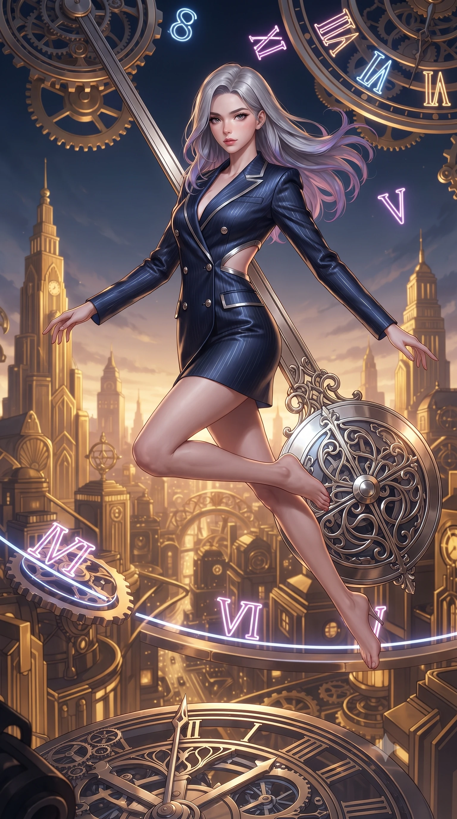 score_9, masterpiece, best quality, ultra-detailed, high-budget anime keyframe, editorial fashion photography, tasteful artistic composition, Caucasian woman. low angle full-body shot from head to toe showing her feet, filling the entire 9:16 vertical frame with her statuesque presence, stretching her vertical silhouette. pivoting dynamically in zero-gravity with fluid body alignment, displaying her perfect model proportions while leaping through the arc of a massive mechanical clock pendulum swinging over a golden city, glowing neon clock numbers floating in mid-air with vintage elegancy. She has an absolutely perfect, statuesque 8.5-heads proportion, an exceptionally tall and slender model-like female figure with impossibly long slender legs and an ultra-slim waist. sharp v-shaped jawline, high-bridge nose, intricate jewel-like eyes with depth, thick eyelashes, glossy lips with a natural sheen, flawlessly proportioned anatomical accuracy, natural body alignment, perfectly sculpted elegant limbs, clean dynamic posture without body distortion. wearing a double-breasted blazer dress with subtle metallic pin-stripes in midnight navy blue and chrome trim, crafted from lustrous satin jersey with fluid draping, featuring clean architectural cutouts along her slender torso, the sleek second-skin texture accentuating her magnetic presence. bathed in warm twilight amber backlighting and rich metallic specular glow. ultra-reflective glossy finish, specular highlights, metallic sheen, high-contrast stereoscopic depth, volumetric dynamic lighting, 2k, ultra detail, master piece, 9:16 ratio