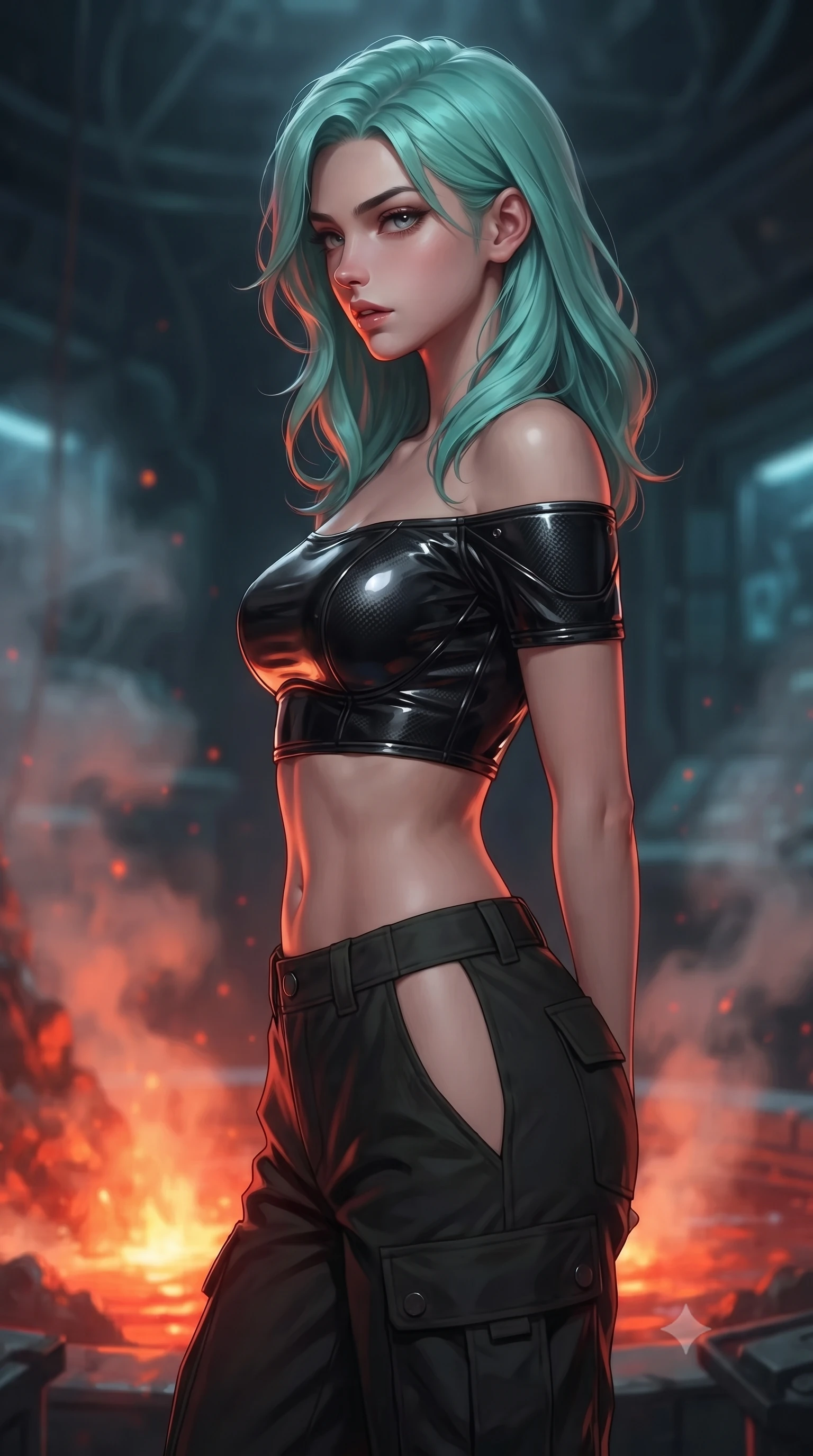 score_9, masterpiece, best quality, ultra-detailed, high-budget anime keyframe, editorial fashion photography, tasteful artistic composition, Japanese woman. close-up cowboy shot from the waist and thighs up, the character dominates the composition, filling the frame with her large presence, background elements kept in soft focus. turning her face in profile to look over her shoulder, casting a smoldering side gaze with lips slightly parted, the background shows a soft-focus a sub-oceanic laboratory overlooking a hydrothermal vent spewing mineral soot. She has an exceptionally elegant, slender, and willowy female figure with an ultra-slim waist, a gracefully sculpted slender torso, and a refined silhouette. sharp v-shaped jawline, high-bridge nose, intricate jewel-like eyes with depth, thick eyelashes, glossy lips with a natural sheen. wearing a slim-fit off-shoulder carbon-fiber armor top paired with high-slit tactical cargo pants, showing her delicately sculpted midriff. the intense orange and red glow of the thermal vent casting dramatic under-lighting. ultra-reflective glossy finish, specular highlights, metallic sheen, high-contrast stereoscopic depth, volumetric dynamic lighting, 2k, ultra detail, master piece, 9:16 ratio