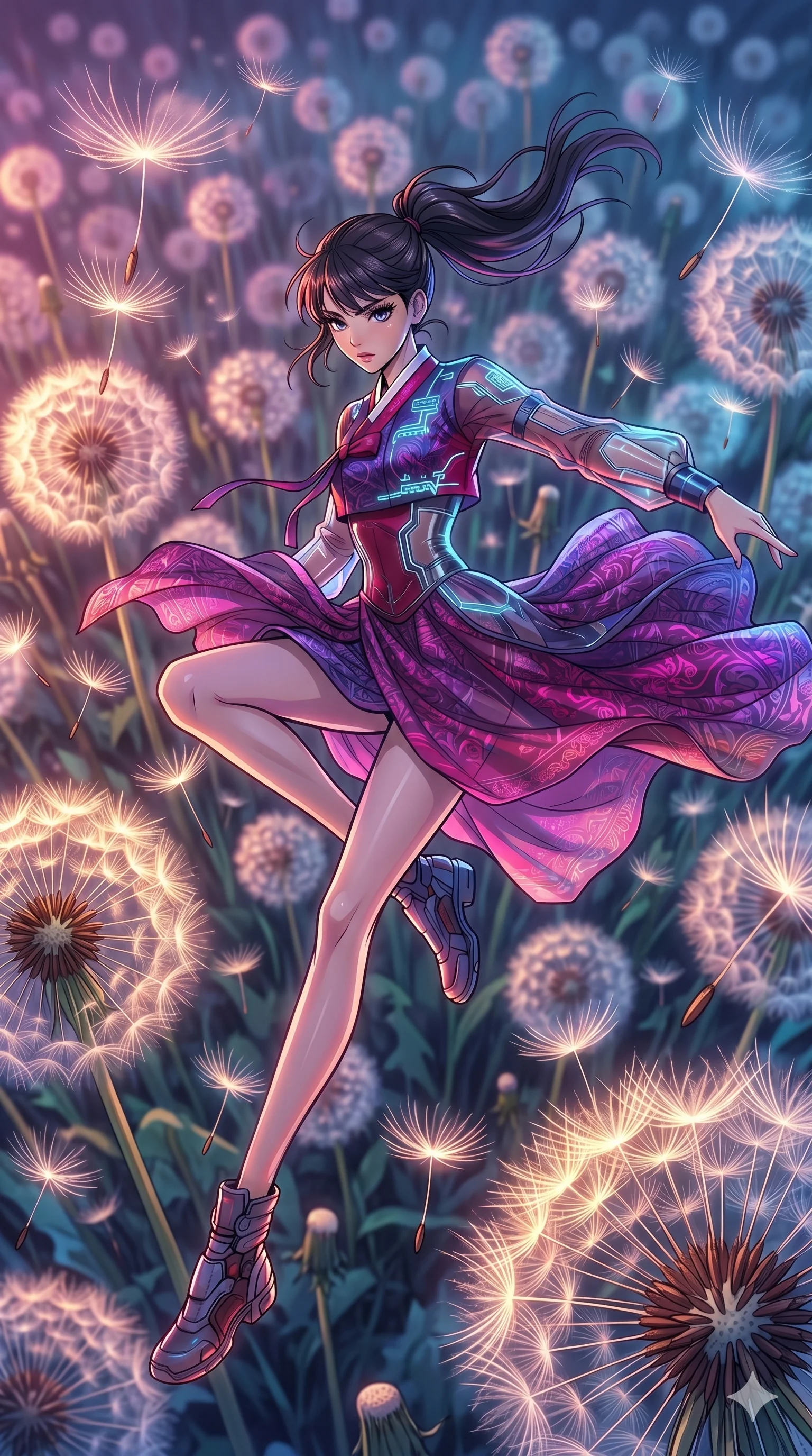 score_9, masterpiece, best quality, ultra-detailed, high-budget anime movie keyframe, cinematic anime lighting, intricate line art, Japanese woman. Extreme high angle shot as she leaps towards the camera, filling the frame. twisting through a field of giant dandelions, their seeds floating away. She has an absolutely perfect 8-heads proportion, an exceptionally tall and slender female figure with graceful and slender proportions. strictly human anatomy, two legs only, no extra limbs, clearly defined legs and arms, perfect anatomy, perfect hands and fingers. sharp v-shaped jawline, high-bridge nose, intricate jewel-like eyes, thick eyelashes, glossy lips. Wearing Modern Traditional: Shortened cyber-hanbok with fusion silk robes and transparent panels. The scene is illuminated by dramatic atmospheric lighting and vibrant color palettes. , 2k, ultra detail, master piece, 9:16 ratio