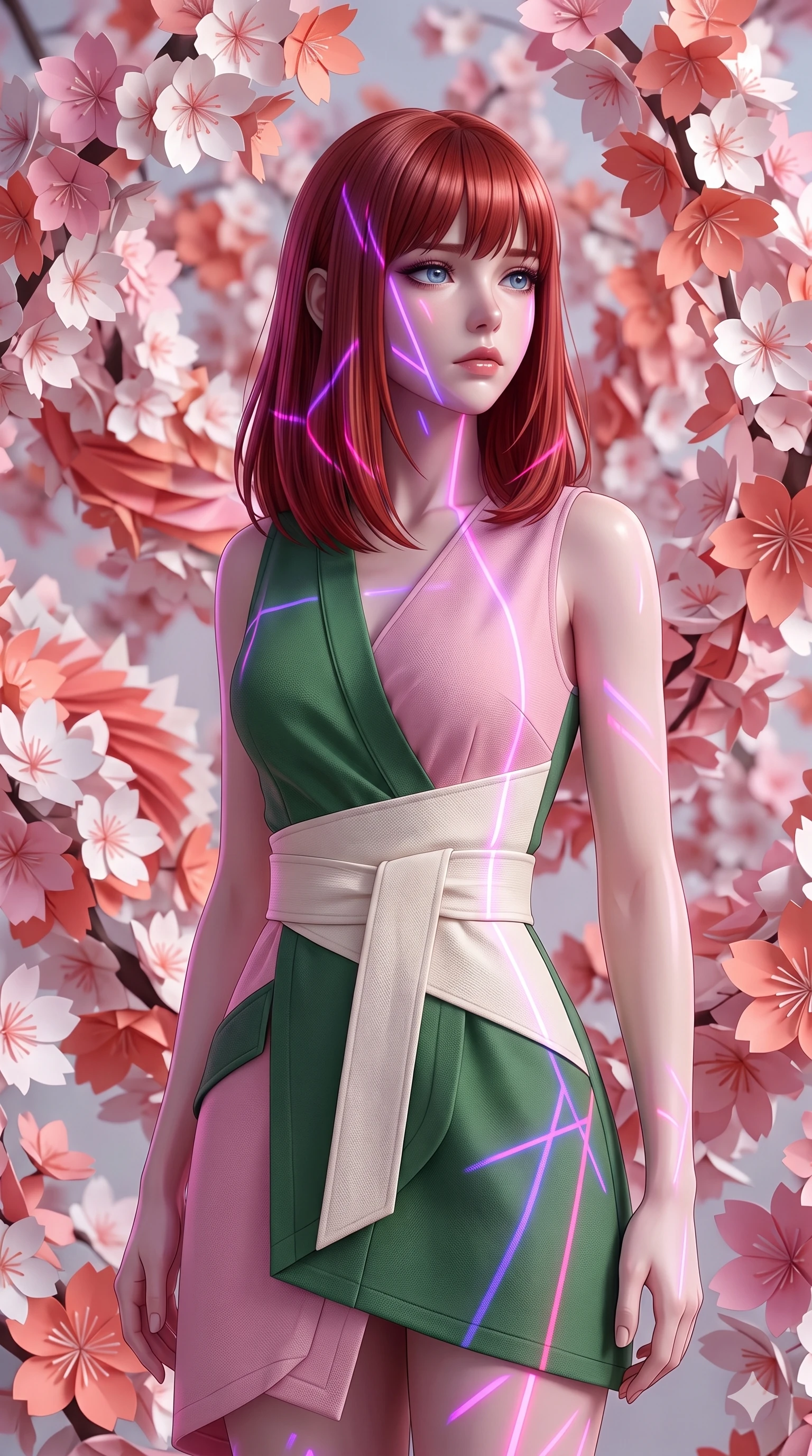 score_9, masterpiece, best quality, ultra-detailed, high-budget anime keyframe, editorial fashion photography, tasteful artistic composition, Caucasian woman, strictly human ears. close-up cowboy shot from the waist and thighs up, the character dominates the composition, filling the frame with her large presence, background elements kept in soft focus. Gazing into the distance with a wistful melancholic expression and softly glowing eyes. set against a soft-focus background of caught in a magnificent whirlwind of thousands of paper cherry blossoms that continuously unfold and refold in kaleidoscopic motion creating spiraling patterns of pink white and coral paper petals. She has an exceptionally elegant and slender, willowy female figure with an ultra-slim waist, a gracefully sculpted slender torso, and a refined slim physique. sharp v-shaped jawline, high-bridge nose, intricate jewel-like eyes with depth, thick eyelashes, glossy lips with a natural sheen. wearing a modern asymmetric wrap dress featuring color-blocked panels of forest green and pastel pink, with a structured ivory fabric belt. laser lines of violet and hot pink reflecting off surfaces casting geometric neon highlights. 2k, ultra detail, master piece, 9:16 ratio