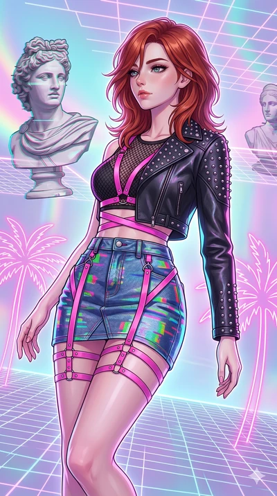 score_9, masterpiece, best quality, ultra-detailed, high-budget anime keyframe, Caucasian woman, strictly human ears. upper body close-up from the thighs up, character filling the screen for maximum presence. drifting through a holographic vaporwave 