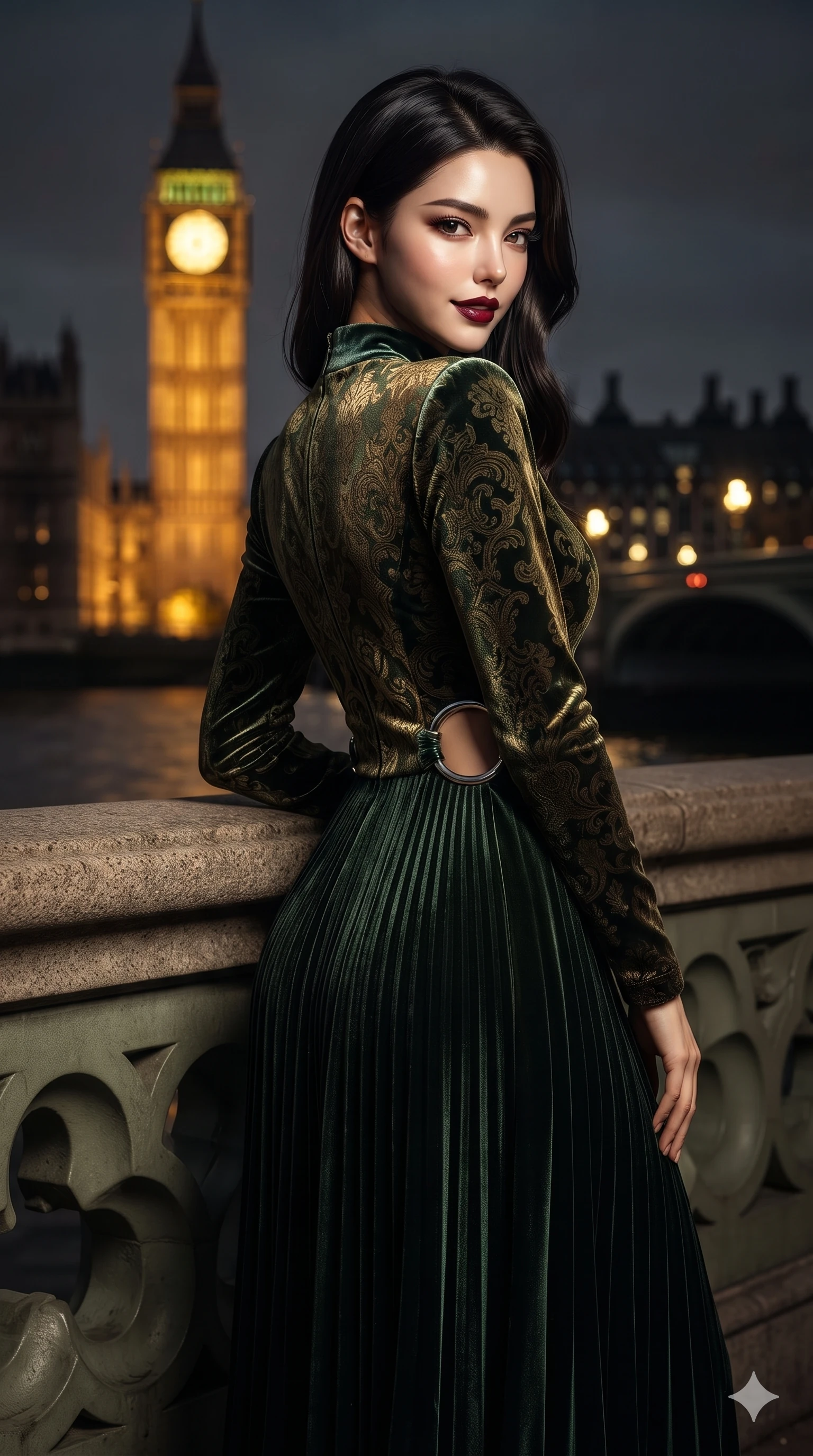 score_9, masterpiece, best quality, ultra-detailed, high-budget anime keyframe, editorial fashion photography, tasteful artistic composition, Korean woman. close-up cowboy shot from the waist and thighs up, the character dominates the composition, filling the frame with her large presence. posing in an alluring rear three-quarter angle, turning over a bare shoulder with an intoxicating, smoldering gaze, her hips cocked back to highlight her slim hourglass curve while leaning against the carved stone river balustrade with hips cocked back, gazing across the Thames toward the illuminated Big Ben with smoldering bedroom-eyes. The background shows a soft-focus the illuminated golden dial of Big Ben, gothic parliament spires, and Westminster Bridge arches blurred into amber, gold, and slate bokeh. She has an exceptionally elegant, slender, and willowy female figure with an ultra-slim waist, flat toned midriff, narrow ribcage, and sculpted feminine hips creating an alluring, slim hourglass silhouette without bulk. sharp v-shaped jawline, high-bridge nose, intricate jewel-like dark sparkling eyes with dangerous depth, thick curled eyelashes, glossy parted lips with a rich wine sheen, smoldering seductive half-smile with bedroom-eyes, exuding effortless superiority and intoxicating dark allure, flawlessly proportioned anatomical accuracy, strict slender model proportions, natural body alignment, perfectly sculpted long slender limbs, ultra-slim waistline, clean dynamic posture without body distortion. wearing a refined long-sleeve velvet evening gown with high neckline and fluid pleated column skirt in deep velvet forest green and antique brass, tailored from rich silk jacquard with subtle embossed baroque patterns, accented with sculptural chrome hardware rings framing the subtle cutouts, the impeccably tailored cut draping gracefully along her slender figure with aristocratic noir poise. bathed in the majestic golden glow of Big Ben floodlights contrasting with deep river night blues. ultra-reflective glossy finish, specular highlights, rich textural contrasts, high-contrast stereoscopic depth, volumetric dynamic lighting, 2k, ultra detail, master piece, 9:16 ratio