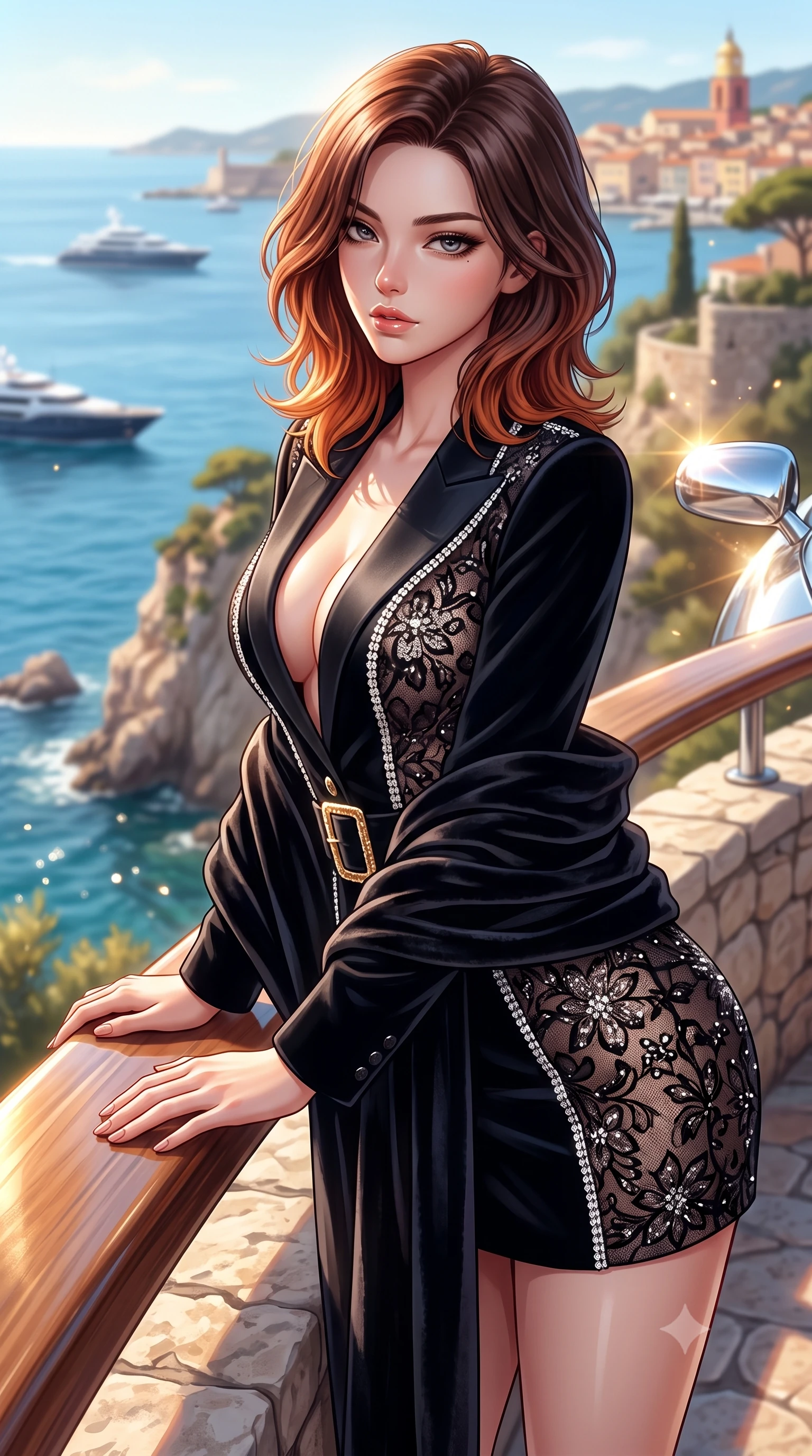 score_9, masterpiece, best quality, ultra-detailed, high-budget anime keyframe, semi-realistic 3D game render, editorial fashion photography, tasteful artistic composition, Korean woman. close-up cowboy shot from the waist and thighs up, the character dominates the composition, filling the frame with her large presence. leaning forward against the polished railing with her hips cocked back, creating an intoxicating curve from her narrow waist to sculpted hips as she gazes back into the lens while resting both hands against the stone cliffside railing overlooking the azure Mediterranean, her tight knit dress highlighting her sculpted slim hips in the breeze. The composition keeps background elements in soft focus with creamy bokeh. sun glints off chrome car mirrors and sea spray scattering radiant warm light motes. She has an exceptionally elegant, slender, and willowy female figure with an ultra-slim waist, flat toned midriff, narrow ribcage, and sculpted feminine hips creating an alluring, slim hourglass silhouette without bulk. sharp v-shaped jawline, high-bridge nose, intricate jewel-like eyes with depth, thick eyelashes, glossy parted lips with a natural sheen, intensely captivating and seductive bedroom-eyes expression, flawlessly proportioned anatomical accuracy, strict slender model proportions, natural body alignment, perfectly sculpted long slender limbs, ultra-slim waistline, clean dynamic posture without body distortion. wearing a tailored velvet tuxedo jacket dress with satin lapels, worn with a deep plunge neckline and gold hip buckle in pitch-black velvet with diamond crystal trim, formed from shimmering floral lace over smooth opaque silk lining, complemented by a plush velvet shawl draped loosely over her elbows, the liquid-tight tailored fabric clinging flawlessly to her narrow waist and rounded feminine hips, emphasizing every millimeter of her sculpted slim hourglass curves without any bulky heaviness. surrounded by a carefree, elite, and irresistibly magnetic Saint-Tropez heiress aura. highly saturated vibrant anime colors, detailed shading with soft gradients, rich glossy textures, high-contrast stereoscopic depth, volumetric dynamic lighting, master piece, 9:16 ratio
