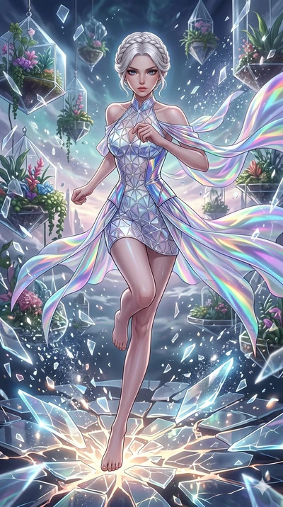 score_9, masterpiece, best quality, ultra-detailed, Set A: High-budget Anime Keyframe, Japanese woman. Low angle cowboy shot filling the entire 9:16 frame with her statuesque presence. Sprinting through a floating botanical garden, as the ground bene