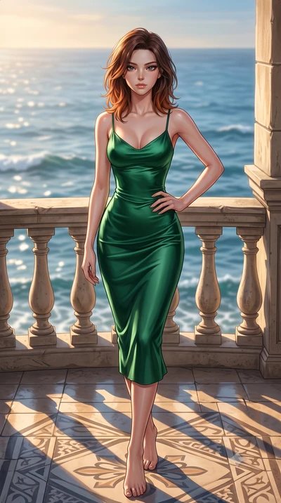 score_9, masterpiece, best quality, ultra-detailed, high-budget anime keyframe, editorial fashion photography, tasteful artistic composition, Korean woman woman. low angle full-body shot from head to toe showing her feet, filling the entire 9:16 vert