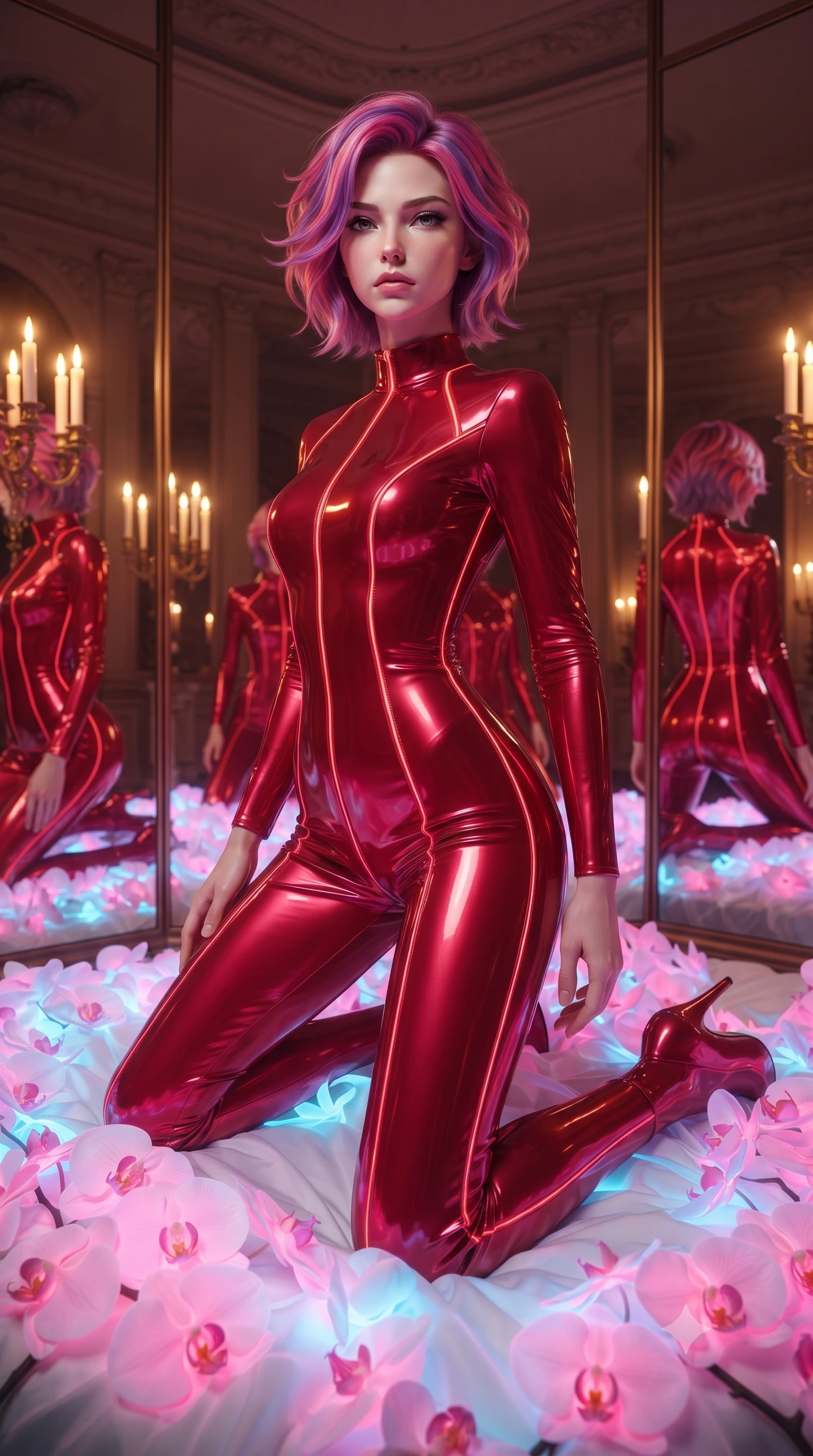 score_9, masterpiece, best quality, ultra-detailed, High-budget Anime Keyframe, editorial fashion photography, tasteful artistic composition, realistic cosplay photography, Caucasian woman, strictly human ears. Low angle cowboy shot filling the entire 9:16 frame with her statuesque presence. Scenario 429: kneeling on a soft bed of glowing neon orchids under a hall of mirrors reflecting infinite silhouettes in warm candlelight. Her presence is magnetic and overpowering in this high-budget cinematic scene. Outfit 429: a tailored crimson red patent leather catsuit featuring a refined mock-neck collar and glowing LED seams. The clothing is designed to emphasize her exceptionally tall and slender 8-heads proportion. 8-heads proportion, towering silhouette, ultra-slim waist. sharp v-shaped jawline, intricate jewel-like eyes with depth, thick eyelashes, glossy lips. ultra-reflective glossy finish, specular highlights, metallic sheen, high-contrast stereoscopic depth, volumetric dynamic lighting, 2k, ultra detail, master piece, 9:16 ratio