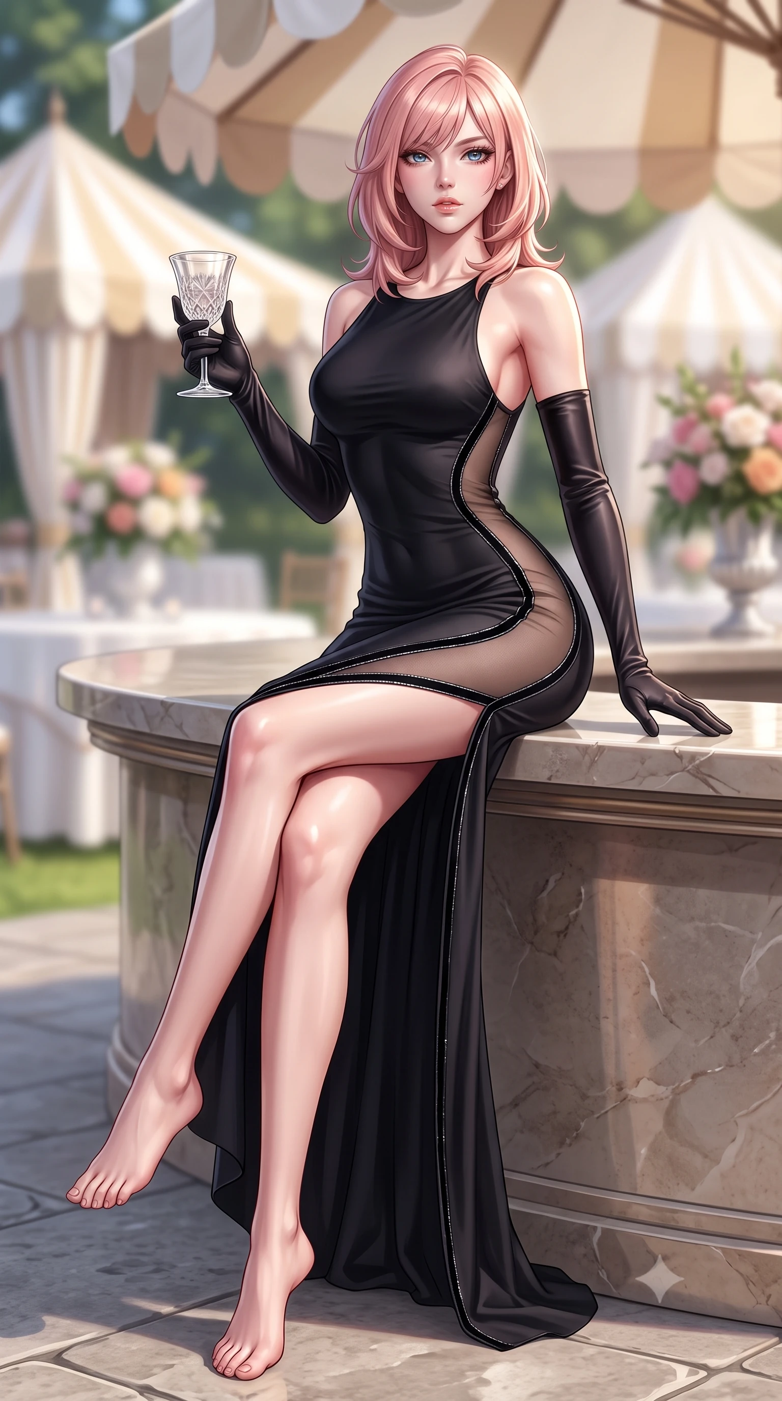score_9, masterpiece, best quality, ultra-detailed, high-budget anime keyframe, semi-realistic 3D game render, editorial fashion photography, tasteful artistic composition, Japanese woman. low angle full-body shot from head to toe showing her feet, filling the entire 9:16 vertical frame with her statuesque presence, stretching her vertical silhouette. sitting perched on the elevated edge with hips angled toward the camera and legs crossed, displaying her toned midriff and flawlessly sculpted slender limbs while twisting her slender torso in an assertive contrapposto stance beside the private turf bar, her form-contouring riding suit sculpting her feminine hourglass lines. The composition keeps background elements in soft focus with creamy bokeh. striped marquee canvas awnings and floral pavilion displays softened in bright glamorous shallow focus. She has an exceptionally tall and slender model-like 8.5-heads proportion, an ultra-slim waist, a flat toned midriff, narrow delicate ribcage, and beautifully sculpted feminine hips creating a graceful, slim hourglass silhouette without any bulky heaviness, with impossibly long slender legs. sharp v-shaped jawline, high-bridge nose, intricate jewel-like eyes with depth, thick eyelashes, glossy parted lips with a natural sheen, intensely captivating and seductive bedroom-eyes expression, flawlessly proportioned anatomical accuracy, strict slender model proportions, natural body alignment, perfectly sculpted long slender limbs, ultra-slim waistline, clean dynamic posture without body distortion. wearing a second-skin black silk jersey maxi dress with asymmetrical sheer mesh side panels tracing the full curve of her hip in pitch-black velvet with diamond crystal trim, made of fluid silk crepe with delicate inner corsetry boning, accessorized with opera-length satin gloves and a vintage crystal glass, the form-contouring material adhering flawlessly to her sculpted flat midriff and slender torso, emphasizing her long leg lines and perfectly proportioned willowy build. illuminated by sharp specular highlights carving her sculpted collarbones, flat toned midriff, and rounded hips. highly saturated vibrant anime colors, detailed shading with soft gradients, rich glossy textures, high-contrast stereoscopic depth, volumetric dynamic lighting, master piece, 9:16 ratio