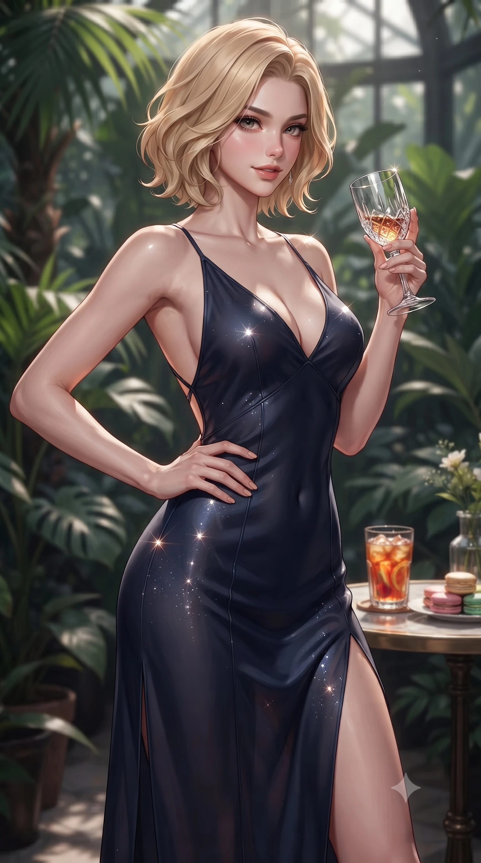 score_9, masterpiece, best quality, ultra-detailed, high-budget anime keyframe, editorial fashion photography, tasteful artistic composition, Caucasian woman. close-up cowboy shot from the waist and thighs up, the character dominates the composition, filling the frame with her large presence, background elements kept in soft focus. resting one hand on her ultra-slim waist while holding a crystal wine glass near her lips with an alluring smile set against a soft-focus background of inside an exclusive botanical greenhouse with a glass of iced fruit tea and delicate macaron pastries arranged on the table. She has an exceptionally elegant, slender, and willowy female figure with an ultra-slim waist, a gracefully sculpted slender torso, and a refined silhouette. sharp v-shaped jawline, high-bridge nose, intricate jewel-like eyes with depth, thick eyelashes, glossy lips with a natural sheen. wearing tailored midnight navy semi-opaque chiffon open-back silk slip dress featuring a deep V-neckline and a leg-lengthening side slit featuring refined tailored seams. lit by crisp morning sun rays creating sparkling glints on polished glass and water. ultra-reflective glossy finish, specular highlights, metallic sheen, high-contrast stereoscopic depth, volumetric dynamic lighting, 2k, ultra detail, master piece, 9:16 ratio