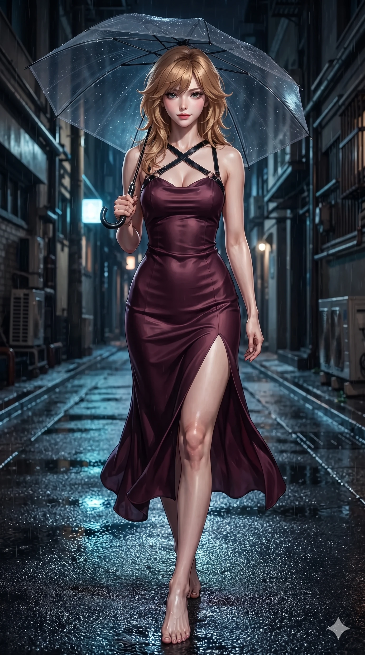 score_9, masterpiece, best quality, ultra-detailed, high-budget anime keyframe, editorial fashion photography, tasteful artistic composition, Korean woman. low angle full-body shot from head to toe showing her feet, filling the entire 9:16 vertical frame with her statuesque presence, stretching her vertical silhouette. walking dynamically down the glistening wet asphalt alley beneath a translucent black umbrella, hips swaying gracefully in a captivating supermodel rhythm while walking along the illuminated riverwalk with hypnotic grace, hips swaying in an alluring sensual rhythm that accentuates her curvy silhouette. The surrounding environment is rendered in vivid detail and crisp panoramic clarity: detailed liquid-tight tailored bodysuit tailoring, chrome hardware accents, and riverside engineering in razor-sharp clarity. She has an exceptionally tall and slender model-like 8.5-heads proportion, an ultra-slim waist, a flat toned midriff, narrow delicate ribcage, and beautifully sculpted feminine hips creating a graceful, slim hourglass silhouette without any bulky heaviness, with impossibly long slender legs. sharp v-shaped jawline, high-bridge nose, intricate jewel-like dark sparkling eyes with dangerous depth, thick curled eyelashes, glossy parted lips with a rich wine sheen, smoldering seductive half-smile with bedroom-eyes, exuding effortless superiority and intoxicating dark allure, flawlessly proportioned anatomical accuracy, strict slender model proportions, natural body alignment, perfectly sculpted long slender limbs, ultra-slim waistline, clean dynamic posture without body distortion. wearing a form-contouring gossamer silk chiffon slip dress with a hip-high slit and open cowl back clinging with rain-dew in dark mulberry wine and antique champagne, tailored from smooth liquid silk satin that clings smoothly to her narrow waist and rounded hips with a dewy sheen, featuring an open-back criss-cross harness strap in patent black leather, the form-fitting cut adhering flawlessly to her sculpted flat midriff and slender torso, emphasizing her long leg lines and perfectly proportioned willowy build. illuminated by wet pavement bounce and sharp sapphire-cyan rim lights defining her razor-sharp jawline, narrow waist, and curvy hips. ultra-reflective glossy finish, specular highlights, rich textural contrasts, high-contrast stereoscopic depth, volumetric dynamic lighting, 2k, ultra detail, master piece, 9:16 ratio