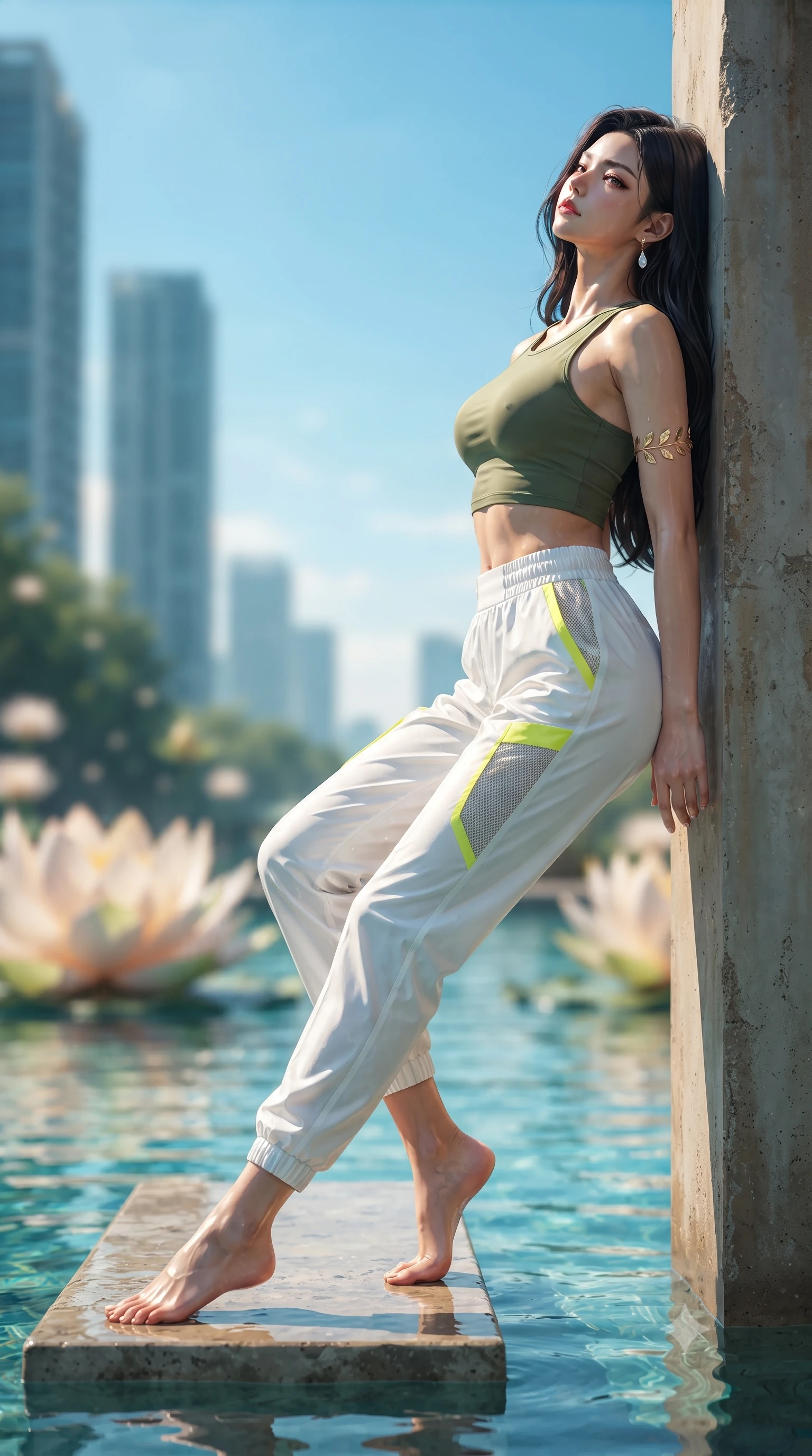 score_9, masterpiece, best quality, ultra-detailed, high-budget anime keyframe, editorial fashion photography, tasteful artistic composition, Korean woman. low angle full-body shot from head to toe showing her feet, filling the entire 9:16 vertical frame with her statuesque presence, stretching her vertical silhouette. leaning deep against the structural architecture with hips cocked in an unapologetically bold, seductive high-fashion stance while resting on a submerged stone bench as warm water caresses her waist, head tilted back toward the open azure sky. The composition keeps background elements in soft focus with creamy bokeh. giant floating lotus blossoms and distant vertical forest skyscrapers blurred into crystalline turquoise, gold, and azure bokeh. She has an absolutely perfect, statuesque 8.5-heads proportion, an exceptionally tall and slender model-like female figure with impossibly long slender legs, a toned flat midriff, and an ultra-slim waist. sharp v-shaped jawline, high-bridge nose, intricate jewel-like eyes with depth, thick eyelashes, glossy parted lips with a natural sheen, intensely captivating and seductive expression, flawlessly proportioned anatomical accuracy, strict slender model proportions, natural body alignment, perfectly sculpted long slender limbs, ultra-slim waistline, clean dynamic posture without body distortion. wearing an aerodynamic eco-chic racerback crop tank with high-waisted white utility trousers in olive leaf green and bright solar yellow, tailored from lightweight performance eco-mesh with breathable cutouts, complemented by a delicate golden leaf armlet and mother-of-pearl earrings, the form-contouring material adhering flawlessly to her sculpted flat midriff and slender torso, emphasizing her long leg lines and perfectly proportioned willowy build. bathed in midday azure skylight and shimmering pool water caustic bounce lights. ultra-reflective glossy finish, specular highlights, rich textural contrasts, high-contrast stereoscopic depth, volumetric dynamic lighting, 2k, ultra detail, master piece, 9:16 ratio