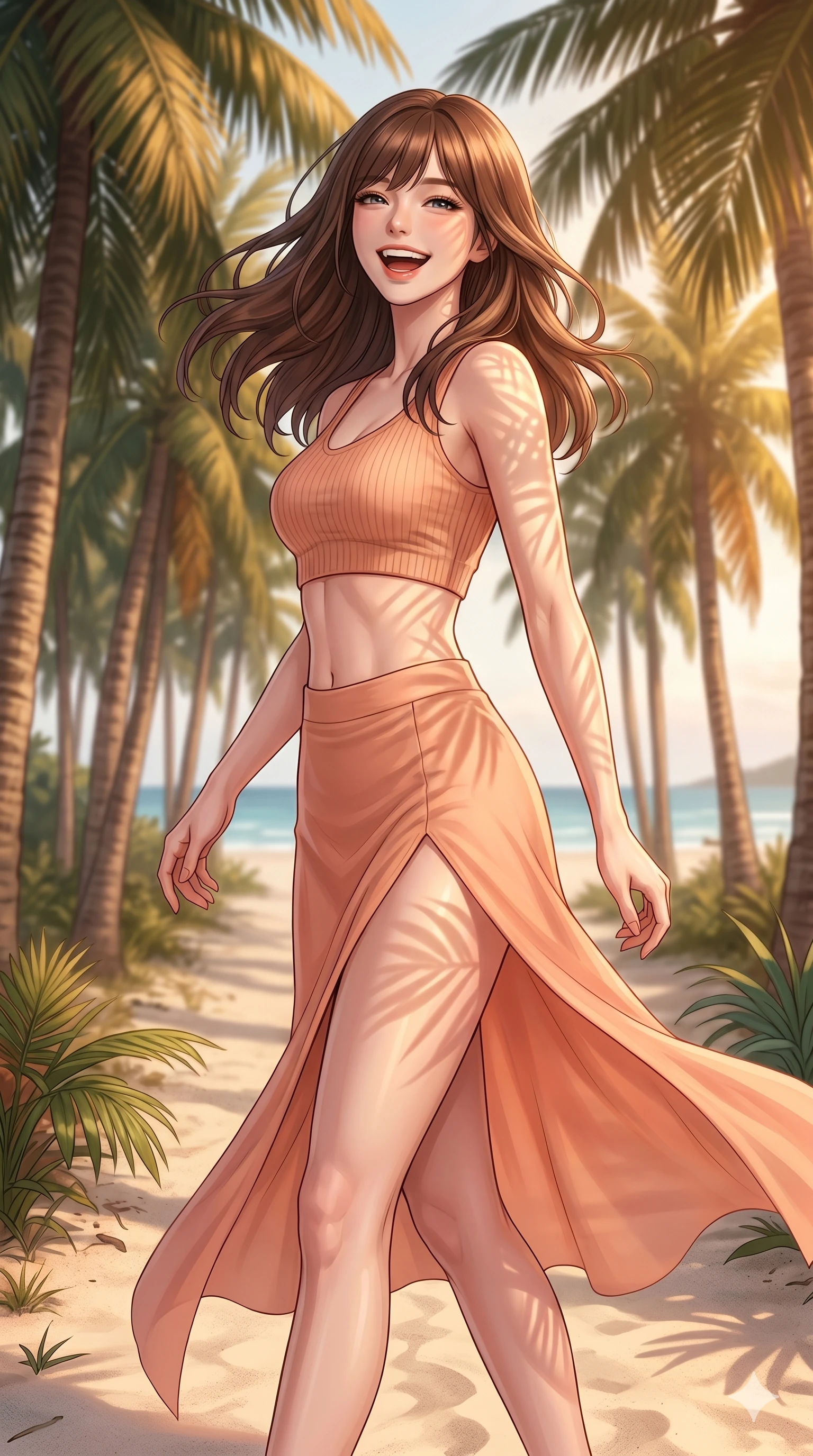 score_9, masterpiece, best quality, ultra-detailed, high-budget anime keyframe, editorial fashion photography, tasteful artistic composition, Korean woman. cowboy shot from the thighs up, character and outfit filling the frame for maximum editorial presence. turning around with a bright laugh, her eyes full of happiness and warmth walking along a sandy path lined with palm trees near the beach. She has an absolutely perfect 8-heads proportion, an exceptionally tall and slender female figure with impossibly long slender legs and an ultra-slim waist. V-shaped jawline, high-bridge nose, intricate jewel-like eyes with depth, thick eyelashes, glossy lips with a natural sheen. wearing a peach-colored crop top showing her delicately sculpted midriff, and a matching split skirt. bathed in warm golden hour light filtering through the palm leaves, casting soft patterns. 2k, ultra detail, master piece, 9:16 ratio