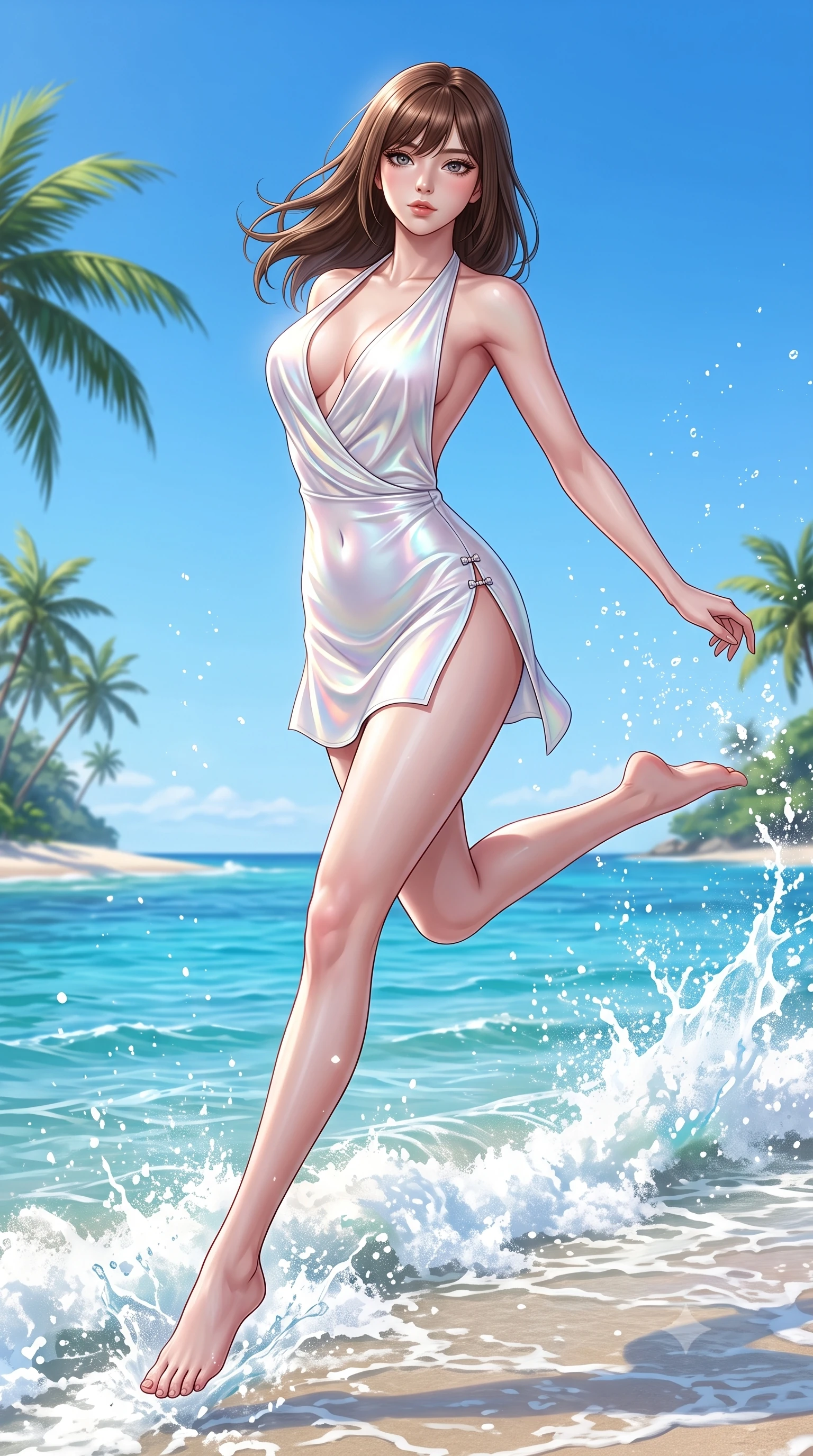 score_9, masterpiece, best quality, ultra-detailed, high-budget anime keyframe, semi-realistic 3D game render, editorial fashion photography, tasteful artistic composition, Korean woman. low angle full-body shot from head to toe showing her feet, filling the entire 9:16 vertical frame with her statuesque presence, stretching her vertical silhouette. leaping through mid-air with an athletic yet alluring arch of her spine, her impossibly long slender legs stretched in flawless poise while pivoting in mid-stride along the water edge as bright tropical sea spray sparkles in mid-air. The surrounding environment is rendered in vivid detail and crisp panoramic clarity. sharp splashing sea foam crests, tropical palm fronds, and clear azure sky in panoramic clarity. She has an absolutely perfect, statuesque 8.5-heads proportion, an exceptionally tall and slender model-like female figure with impossibly long slender legs, a toned flat midriff, and an ultra-slim waist. sharp v-shaped jawline, high-bridge nose, intricate jewel-like eyes with depth, thick eyelashes, glossy lips with a natural sheen, flawlessly proportioned anatomical accuracy, strict slender model proportions, natural body alignment, perfectly sculpted long slender limbs, ultra-slim waistline, clean dynamic posture without body distortion. wearing a form-contouring liquid satin halter-neck mini dress with a deep crossover cowl front, open back, and ultra-slender waist drape in glistening liquid pearl white with rainbow opalescence, made of smooth iridescent silk chiffon that shifts colors with movement, finished with an ultra-high side slit secured by miniature magnetic clasps, the form-contouring material adhering flawlessly to her sculpted flat midriff and slender torso, emphasizing her long leg lines and perfectly proportioned willowy build. surrounded by a fresh, sun-soaked, and breathtakingly sensual tropical paradise ambiance. highly saturated vibrant anime colors, detailed shading with soft gradients, rich glossy textures, high-contrast stereoscopic depth, volumetric dynamic lighting, master piece, 9:16 ratio