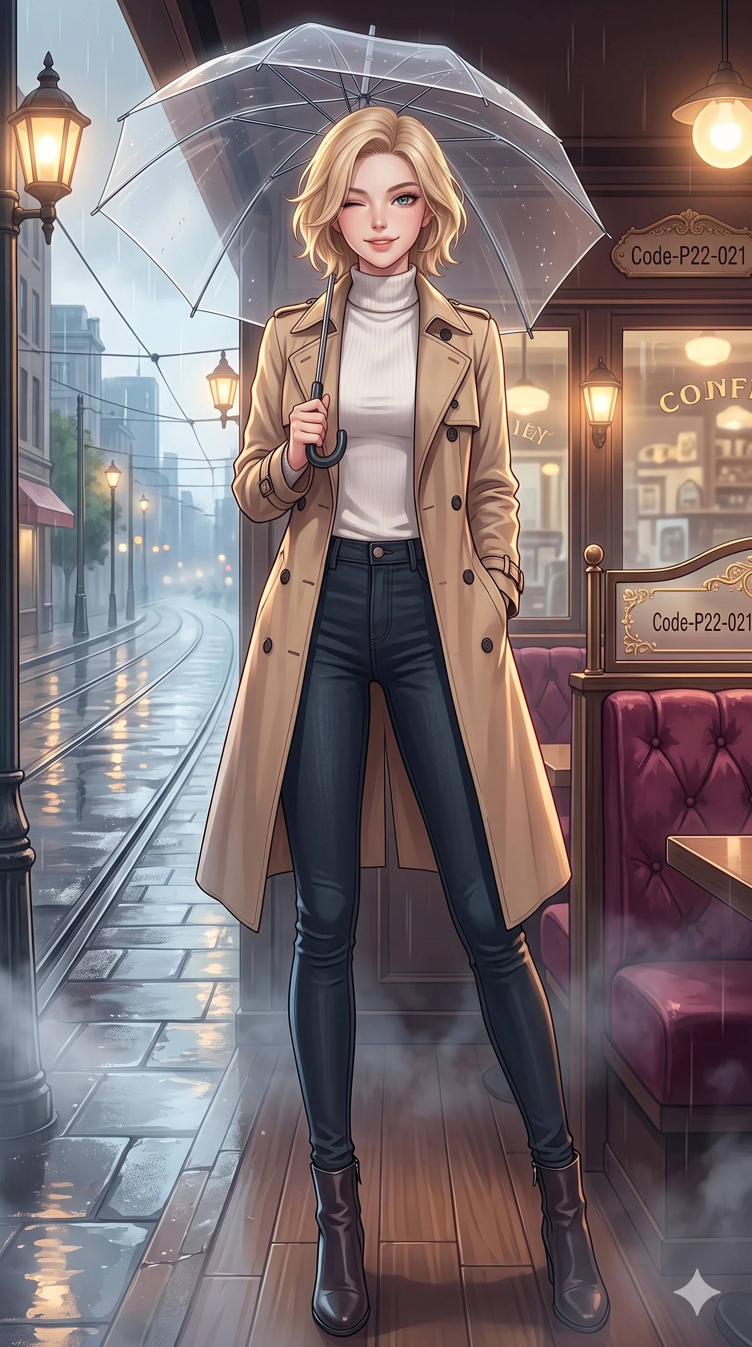 score_9, masterpiece, best quality, ultra-detailed, high-budget anime keyframe, vibrant anime aesthetic, Caucasian woman, strictly human ears. low angle full-body shot from head to toe showing her feet, filling the entire 9:16 vertical frame with her statuesque presence, stretching her vertical silhouette. She is standing under a clear umbrella, winking playfully with a delightful smile, looking directly into the lens surrounded by fresh morning mist. inside a retro-themed cafe corner with plush velvet booths and a view of rain-slicked tram tracks outside (Code-P22-021). She has an absolutely perfect 8-heads proportion, an exceptionally tall and slender female figure with impossibly long slender legs and an ultra-slim waist. V-shaped jawline, high-bridge nose, intricate jewel-like eyes with depth, thick eyelashes, glossy lips with a natural sheen. wearing a classic beige trench coat over a white turtleneck sweater and dark skinny jeans with stylish boots. She is illuminated by warm gaslight street lamps, casting soft reflections on wet pavements, outlining her perfect 8-heads proportion during a refreshing sun shower. 2k, ultra detail, master piece, 9:16 ratio
