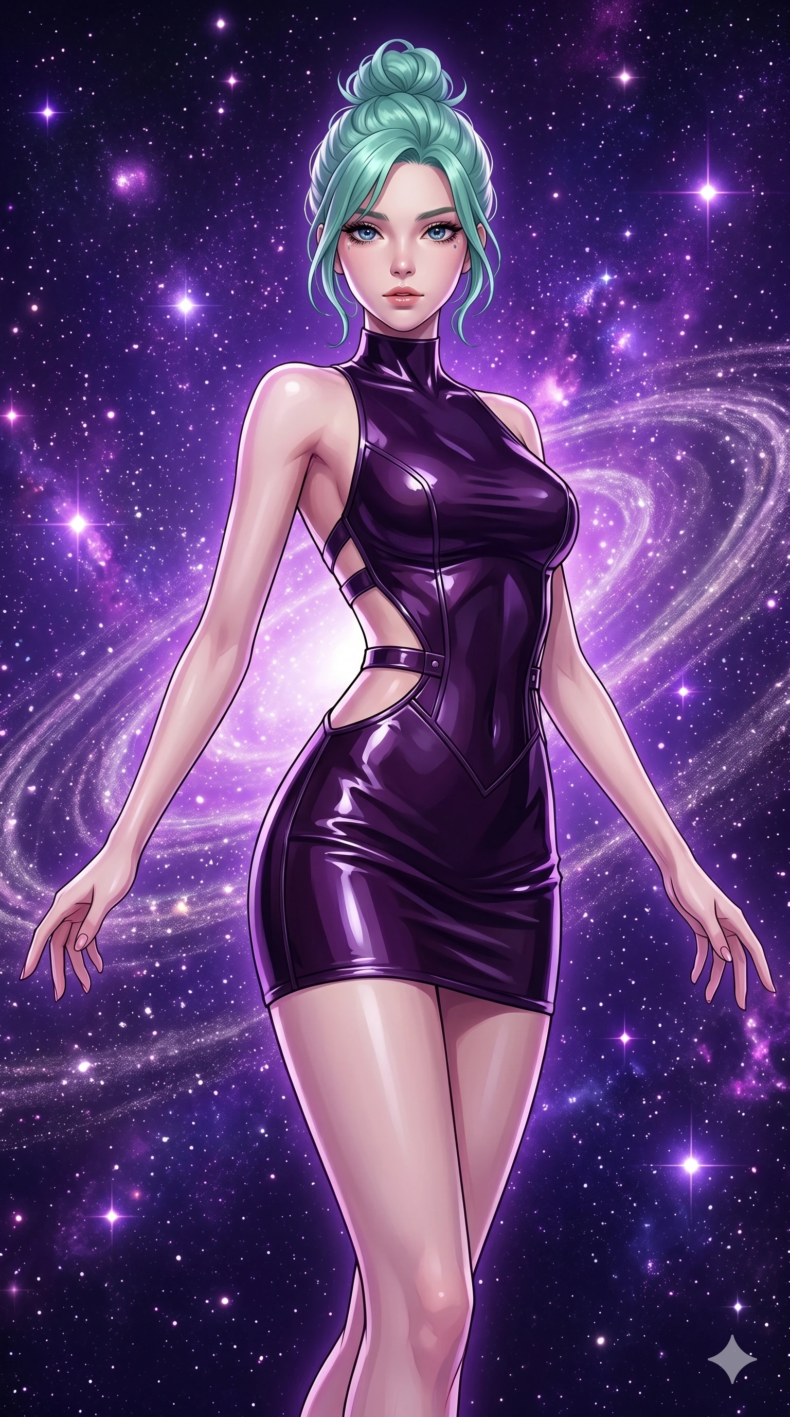 score_9, masterpiece, best quality, ultra-detailed, high-budget anime keyframe, Japanese woman. Upper body close-up from the thighs up, character filling the screen for maximum presence. She is floating weightlessly inside a brilliant violet galaxy, surrounded by swirling cosmic dust rings. She spreads her arms in a graceful flying pose, looking toward the camera. She has an absolutely perfect 8-heads proportion, an exceptionally tall and slender female figure with impossibly long slender legs and an ultra-slim waist. V-shaped jawline, high-bridge nose, intricate jewel-like eyes with depth, thick eyelashes, glossy lips with a natural sheen. She is wearing a second-skin fashion-latex mini dress with a clean architectural front, featuring an open-back design that wraps around the sides of her waist, showcasing her slender silhouette. The scene is bathed in brilliant purple starlight and a sharp white front key light highlighting her details. 2k, ultra detail, master piece, 9:16 ratio