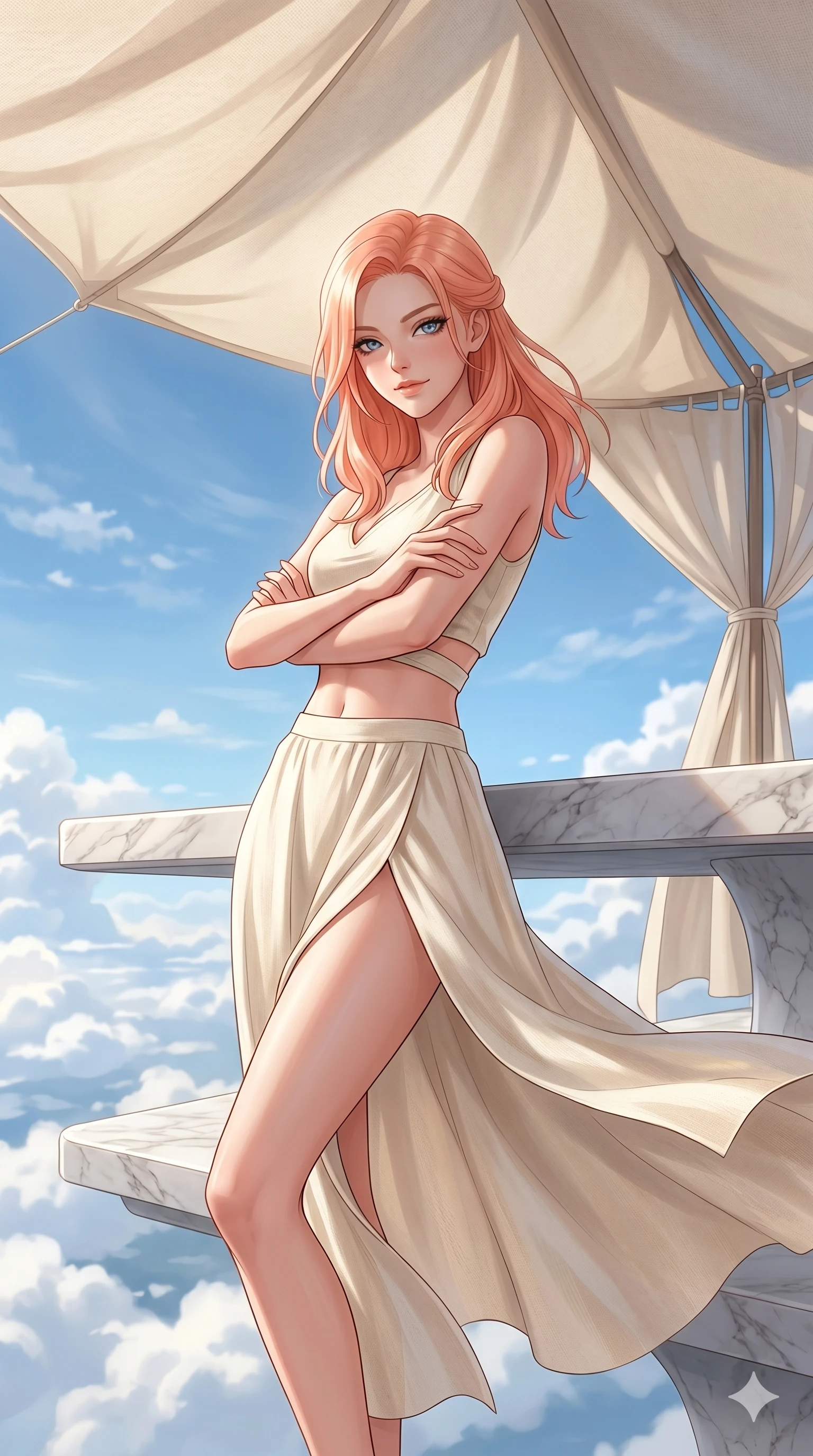score_9, masterpiece, best quality, ultra-detailed, high-budget anime keyframe, editorial fashion photography, tasteful artistic composition, Japanese woman. cowboy shot from the thighs up, character and outfit filling the frame for maximum editorial presence. crossing her arms and leaning back, casting a cool, bedroom-eyes smile at the camera on a floating marble balcony above a sunlit cloudscape of blue sky (Code-P19-116). She has an absolutely perfect 8-heads proportion, an exceptionally tall and slender female figure with impossibly long slender legs and an ultra-slim waist. V-shaped jawline, high-bridge nose, intricate jewel-like eyes with depth, thick eyelashes, glossy lips with a natural sheen. wearing a resort set featuring an exposed waist and high-slit cover-up. soft diffused light from a canvas canopy, highlighting her V-shaped jawline and nose. 2k, ultra detail, master piece, 9:16 ratio