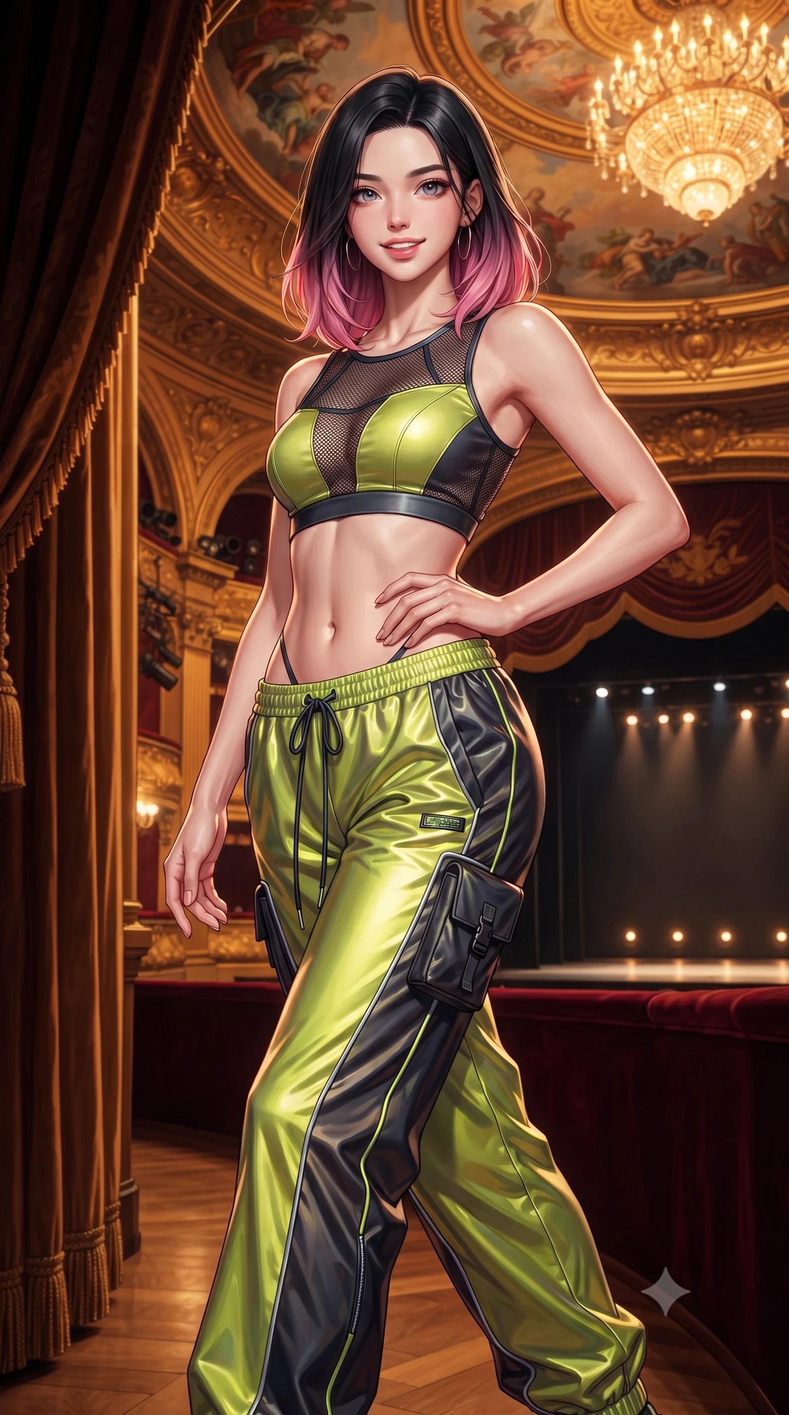 score_9, masterpiece, best quality, ultra-detailed, high-budget anime keyframe, editorial fashion photography, tasteful artistic composition, Korean woman. close-up cowboy shot from the waist and thighs up, the character dominates the composition, filling the frame with her large presence. smiling with subtle, enchanting allure and glossy parted lips, one hand resting on her waist with effortless supermodel poise while stepping along the private opera loge walkway with sweeping couture elegance and magnetic charisma. The surrounding environment is rendered in vivid detail and crisp panoramic clarity. detailed velvet curtain textures, opera house ceiling frescoes, and distant stage lights in high clarity. She has an exceptionally elegant, slender, and willowy female figure with an ultra-slim waist, a gracefully sculpted slender torso, toned flat midriff, and a refined slim silhouette. sharp v-shaped jawline, high-bridge nose, intricate jewel-like eyes with depth, thick eyelashes, glossy lips with a natural sheen, captivating and magnetic expression, flawlessly proportioned anatomical accuracy, strict slender model proportions, natural body alignment, perfectly sculpted long slender limbs, ultra-slim waistline, clean dynamic posture without body distortion. wearing a sporty Y2K mesh-paneled crop top with asymmetrical sleeve warmers and low-slung metallic track pants in acid lime green and dark obsidian, made of breathable technical athletic mesh and liquid-finish track nylon, finished with glowing fiber-optic seam piping and miniature utility pouches edition #26, the breezy yet form-flattering drape swaying gracefully with her steps, accentuating her long willowy limbs and slim waistline. bathed in opulent golden chandelier illumination and rich ambient amber warmth. ultra-reflective glossy finish, specular highlights, rich textural contrasts, high-contrast stereoscopic depth, volumetric dynamic lighting, 2k, ultra detail, master piece, 9:16 ratio