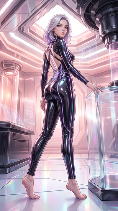 score_9, masterpiece, best quality, ultra-detailed, high-budget anime keyframe, editorial fashion photography, tasteful artistic composition, Caucasian woman. low angle full-body shot from head to toe showing her feet, filling the entire 9:16 vertica