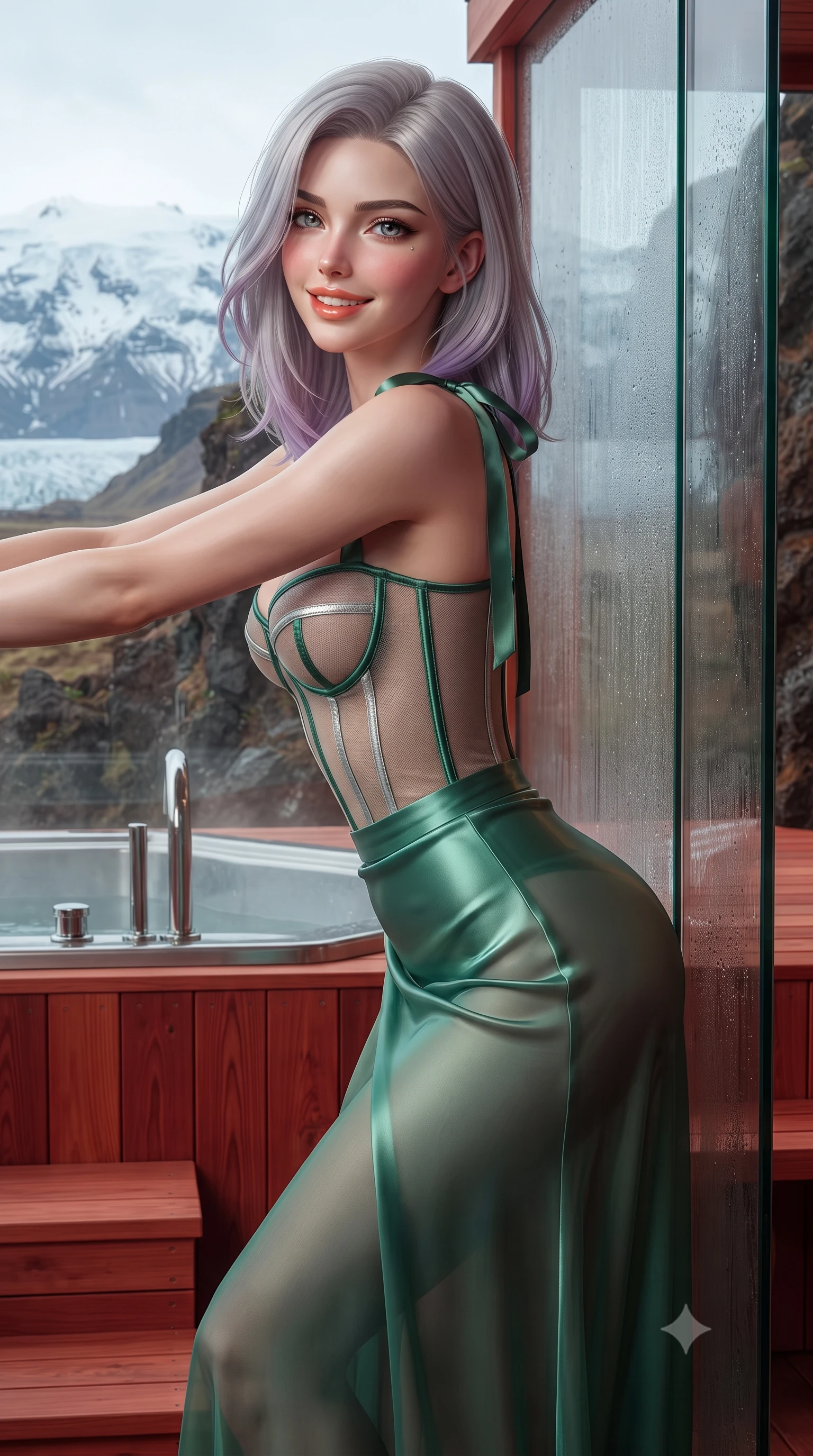 score_9, masterpiece, best quality, ultra-detailed, high-budget anime keyframe, editorial fashion photography, tasteful artistic composition, Caucasian woman. close-up cowboy shot from the waist and thighs up, the character dominates the composition, filling the frame with her large presence. leaning forward while arching her lower back to accentuate her curvy hips, looking into the camera with an intoxicating smoldering gaze and bedroom-eyes while leaning against the frameless glass sauna wall with hips cocked back, looking out at the snow-capped Snæfellsjökull glacier with smoldering bedroom-eyes. The surrounding environment is rendered in vivid detail and crisp panoramic clarity: sharp red cedar plank wood grain, stainless steel hot tub fittings, and rugged volcanic cliff rock textures in deep focus. She has an exceptionally elegant, slender, and willowy female figure with an ultra-slim waist, flat toned midriff, narrow ribcage, and sculpted feminine hips creating an alluring, slim hourglass silhouette without bulk. sharp v-shaped jawline, high-bridge nose, intricate jewel-like sparkling eyes with depth, thick eyelashes, glossy parted lips with a natural peach sheen, bright cheerful beaming smile with an enchanting and coquettish sensual glint, exuding both youthful cute charm and seductive allure, flawlessly proportioned anatomical accuracy, strict slender model proportions, natural body alignment, perfectly sculpted long slender limbs, ultra-slim waistline, clean dynamic posture without body distortion. wearing a provocative translucent mesh corset bodice with boned satin channels paired with a sheer chiffon wrap maxi skirt in Art Nouveau malachite green and antique starlight silver, crafted from fluid liquid silk satin that clings smoothly to her narrow waist and rounded hips with a dewy sheen, finished with satin ribbon ties at the shoulders fluttering in the gentle breeze, the liquid-tight tailored fabric clinging flawlessly to her narrow waist and rounded feminine hips, emphasizing every millimeter of her sculpted slim hourglass curves without any bulky heaviness. illuminated by cedar deck reflection bounce and sharp copper-gold rim lights sculpting her jawline, narrow waist, and curvy hips. ultra-reflective glossy finish, specular highlights, rich textural contrasts, high-contrast stereoscopic depth, volumetric dynamic lighting, 2k, ultra detail, master piece, 9:16 ratio