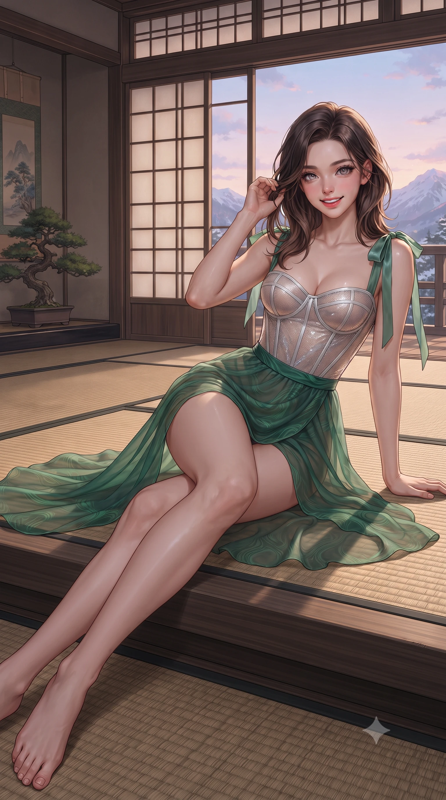 score_9, masterpiece, best quality, ultra-detailed, high-budget anime keyframe, editorial fashion photography, tasteful artistic composition, Korean woman. close-up cowboy shot from the waist and thighs up, the character dominates the composition, filling the frame with her large presence. gently brushing a lock of hair behind her ear while casting a playful, flirtatious side-gaze with long eyelashes while reclining gracefully across the woven rush tatami platform propped on one elbow with legs extended, displaying her long slender limbs and statuesque hourglass silhouette. The surrounding environment is rendered in vivid detail and crisp panoramic clarity: detailed garment cut, bodycon tailoring, and master Japanese mountain architecture in razor-sharp precision. She has an exceptionally elegant, slender, and willowy female figure with an ultra-slim waist, flat toned midriff, narrow ribcage, and sculpted feminine hips creating an alluring, slim hourglass silhouette without bulk. sharp v-shaped jawline, high-bridge nose, intricate jewel-like sparkling eyes with depth, thick eyelashes, glossy parted lips with a natural peach sheen, bright cheerful beaming smile with an enchanting and coquettish sensual glint, exuding both youthful cute charm and seductive allure, flawlessly proportioned anatomical accuracy, strict slender model proportions, natural body alignment, perfectly sculpted long slender limbs, ultra-slim waistline, clean dynamic posture without body distortion. wearing a provocative translucent mesh corset bodice with boned satin channels paired with a sheer chiffon wrap maxi skirt in Art Nouveau malachite green and antique starlight silver, crafted from stretch micro-mesh with liquid foil coating that shimmers with every movement, finished with satin ribbon ties at the shoulders fluttering in the gentle breeze, the second-skin tailored fabric adhering flawlessly to her sculpted flat midriff and slender torso, emphasizing her long leg lines and perfectly proportioned willowy build. bathed in the contrast of warm 2200K charcoal hearth embers and pastel alpenglow twilight washing across the sky. ultra-reflective glossy finish, specular highlights, rich textural contrasts, high-contrast stereoscopic depth, volumetric dynamic lighting, 2k, ultra detail, master piece, 9:16 ratio