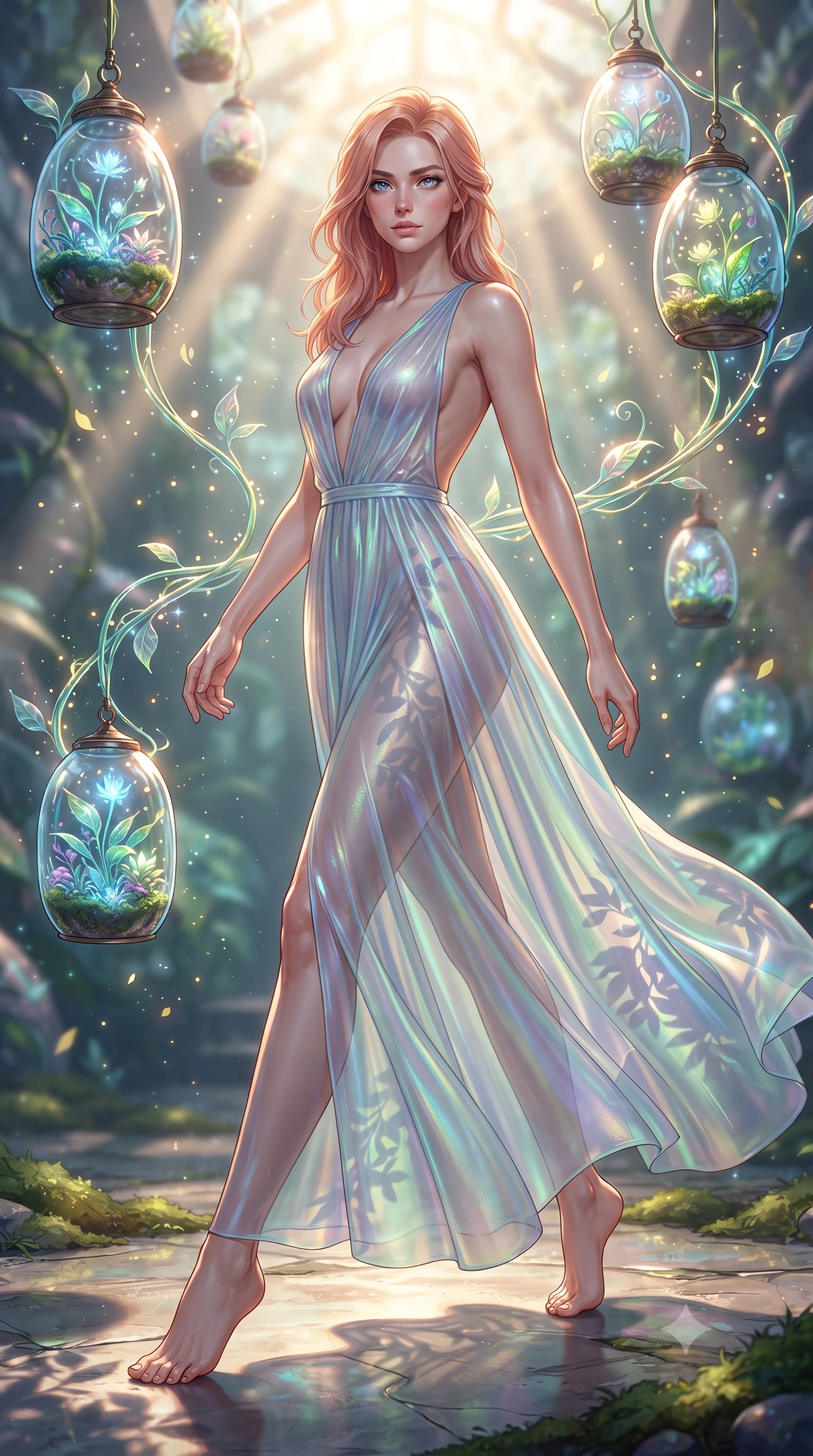 score_9, masterpiece, best quality, ultra-detailed, high-budget anime keyframe, editorial fashion photography, tasteful artistic composition, Japanese woman. low angle full-body shot from head to toe showing her feet, filling the entire 9:16 vertical frame with her statuesque presence, stretching her vertical silhouette. stepping forward with proud posture, filling the vertical frame with her magnetic presence surrounded by floating glass terrariums and radiant biomorphic vines, glowing pollen particles drifting gracefully around her form. She has an absolutely perfect, statuesque 8.5-heads proportion, an exceptionally tall and slender model-like female figure with impossibly long slender legs and an ultra-slim waist. sharp v-shaped jawline, high-bridge nose, intricate jewel-like eyes with depth, thick eyelashes, glossy lips with a natural sheen. wearing a translucent iridescent chiffon gown with a dramatic plunging neckline and open back, the elegant draped fit framing her graceful clavicle and slender torso. illuminated by brilliant sunbeams casting organic leaf stencil shadows. ultra-reflective glossy finish, specular highlights, metallic sheen, high-contrast stereoscopic depth, volumetric dynamic lighting, 2k, ultra detail, master piece, 9:16 ratio