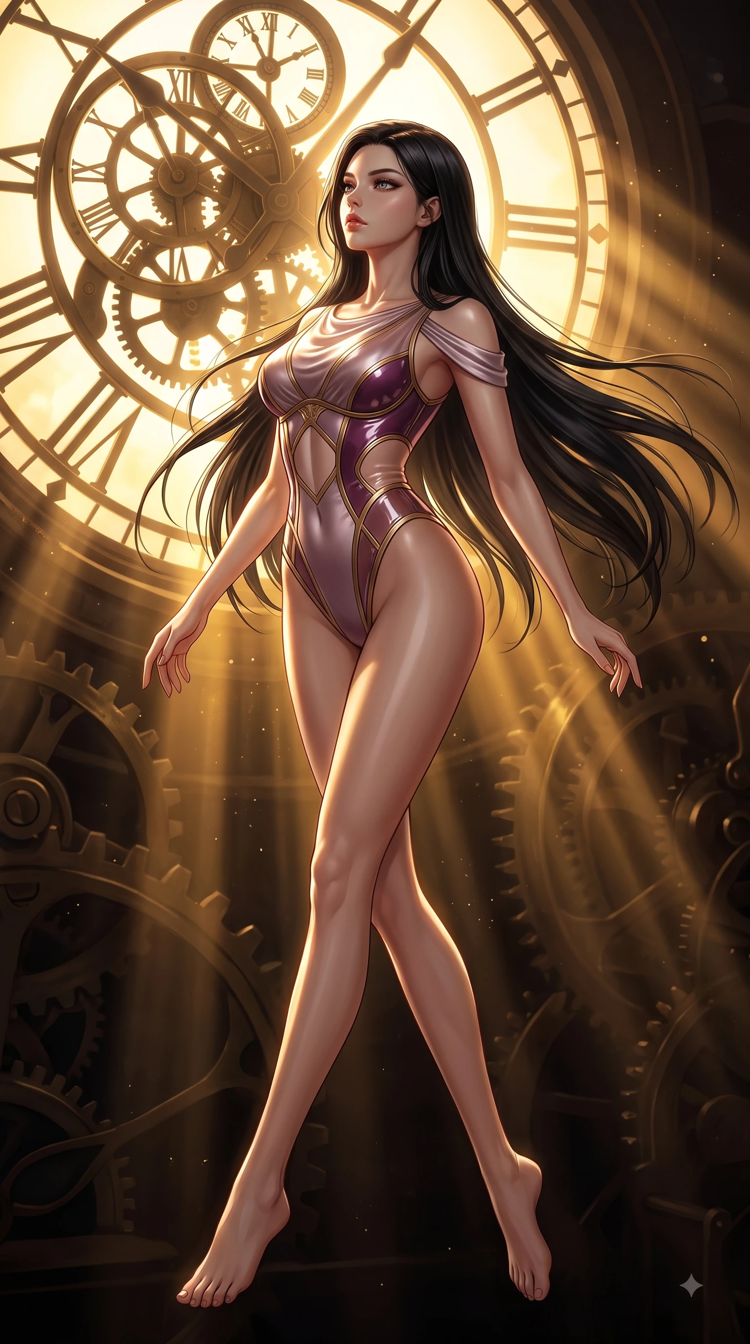 score_9, masterpiece, best quality, ultra-detailed, high-budget anime keyframe, editorial fashion photography, tasteful artistic composition, Korean woman. low angle full-body shot from head to toe showing her feet, filling the entire 9:16 vertical frame with her statuesque presence, stretching her vertical silhouette. pivoting dynamically in zero-gravity with fluid S-curve alignment, displaying her perfect model proportions while pivoting in a dynamic profile pose as twilight amber light streams through the massive window, dramatic twilight amber light streaming through the giant clock window in bold beams. She has an absolutely perfect, statuesque 8.5-heads proportion, an exceptionally tall and slender model-like female figure with impossibly long slender legs and an ultra-slim waist. sharp v-shaped jawline, high-bridge nose, intricate jewel-like eyes with depth, thick eyelashes, glossy lips with a natural sheen, flawlessly proportioned anatomical accuracy, natural body alignment, perfectly sculpted elegant limbs, clean dynamic posture without body distortion. wearing a high-cut translucent vinyl leotard with front paneling and open back in plum purple and gold filigree, crafted from lustrous satin jersey with fluid draping, featuring subtle geometric cutouts that highlight her ultra-slim midriff, the elegant draped fit framing her graceful clavicle and slender torso. illuminated by a brilliant golden hour glow filtering through clockwork dials. ultra-reflective glossy finish, specular highlights, metallic sheen, high-contrast stereoscopic depth, volumetric dynamic lighting, 2k, ultra detail, master piece, 9:16 ratio