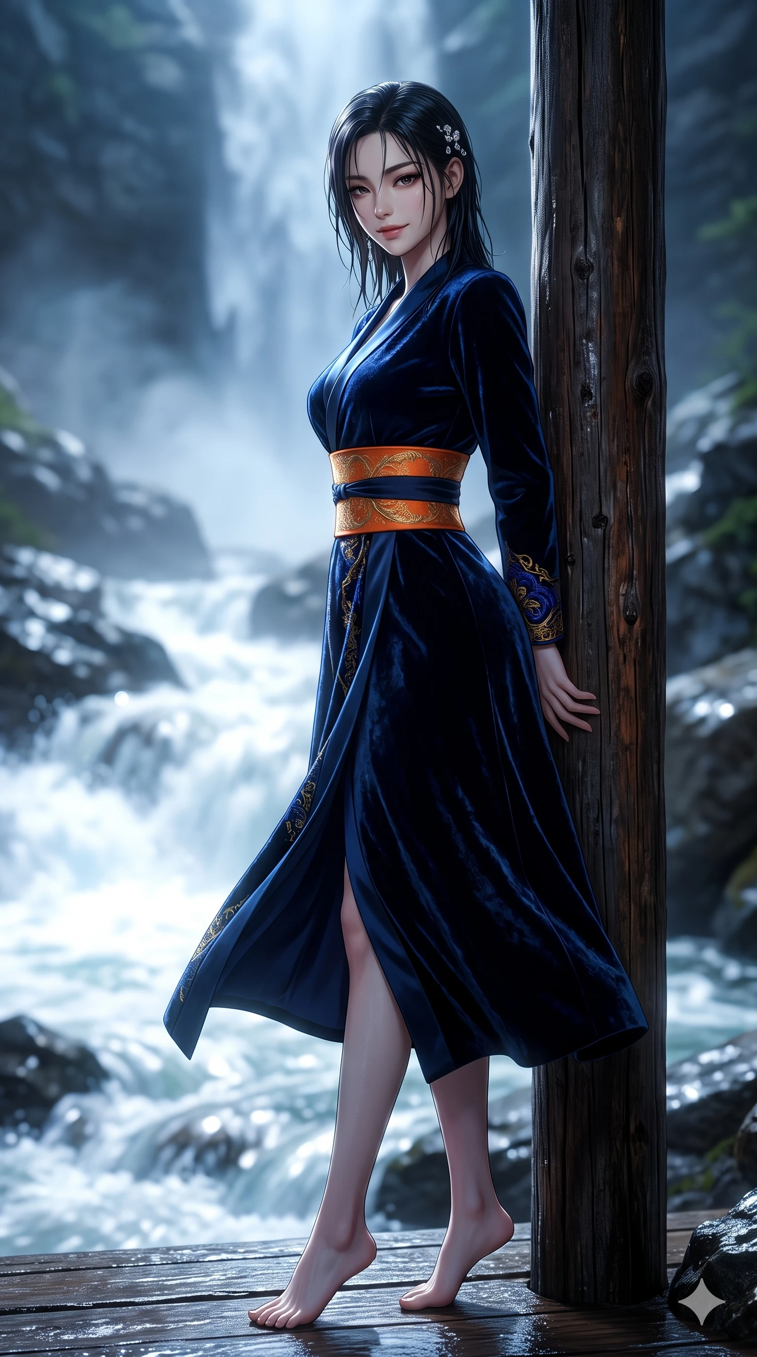 score_9, masterpiece, best quality, ultra-detailed, high-budget anime keyframe, semi-realistic 3D game render, editorial fashion photography, tasteful artistic composition, Korean woman. low angle full-body shot from head to toe showing her feet, filling the entire 9:16 vertical frame with her statuesque presence, stretching her vertical silhouette. executing a slow, graceful pivot turn as her silk wrap skirt sways around her slender legs, glancing back with an enchanting, teasing sensual expression while leaning against the rustic pine post with hips cocked back, looking through dark wet strands of hair with smoldering bedroom-eyes. The background shows a soft-focus wild mountain ravine softened in natural landscape shallow focus. She has an absolutely perfect, statuesque 8.5-heads proportion, an exceptionally tall and slender model-like female figure with impossibly long slender legs, an ultra-slim waist, a flat toned midriff, narrow delicate ribcage, and beautifully sculpted feminine hips creating a graceful, slim hourglass silhouette without any bulky heaviness. sharp v-shaped jawline, high-bridge nose, sparkling eyes with hypnotic seductive depth, thick curled eyelashes, glossy parted lips with a natural dewy peach sheen, alluring bedroom-eyes with an enchanting coquettish smile, exuding magnetic siren charisma and sophisticated glamour, flawlessly proportioned anatomical accuracy, strict slender model proportions, natural body alignment, perfectly sculpted long slender limbs, ultra-slim waistline, clean dynamic posture without body distortion. wearing a structured midnight blue silk after-hours durumagi long robe dress with satin lapels and a gold-embroidered obi sash in sunset tangerine orange and deep navy indigo, tailored from crushed dark velvet with deep light-absorbing plush texture, finished with delicate mother-of-pearl hairpin ornaments glinting in her dark glossy hair, the bespoke structured tailoring following the natural line of her 8.5-heads silhouette with refined elegance. bathed in luminous moonlight reflecting off roaring white water cascades and misty spray. highly saturated vibrant anime colors, detailed shading with soft gradients, rich glossy textures, high-contrast stereoscopic depth, volumetric dynamic lighting, master piece, 9:16 ratio