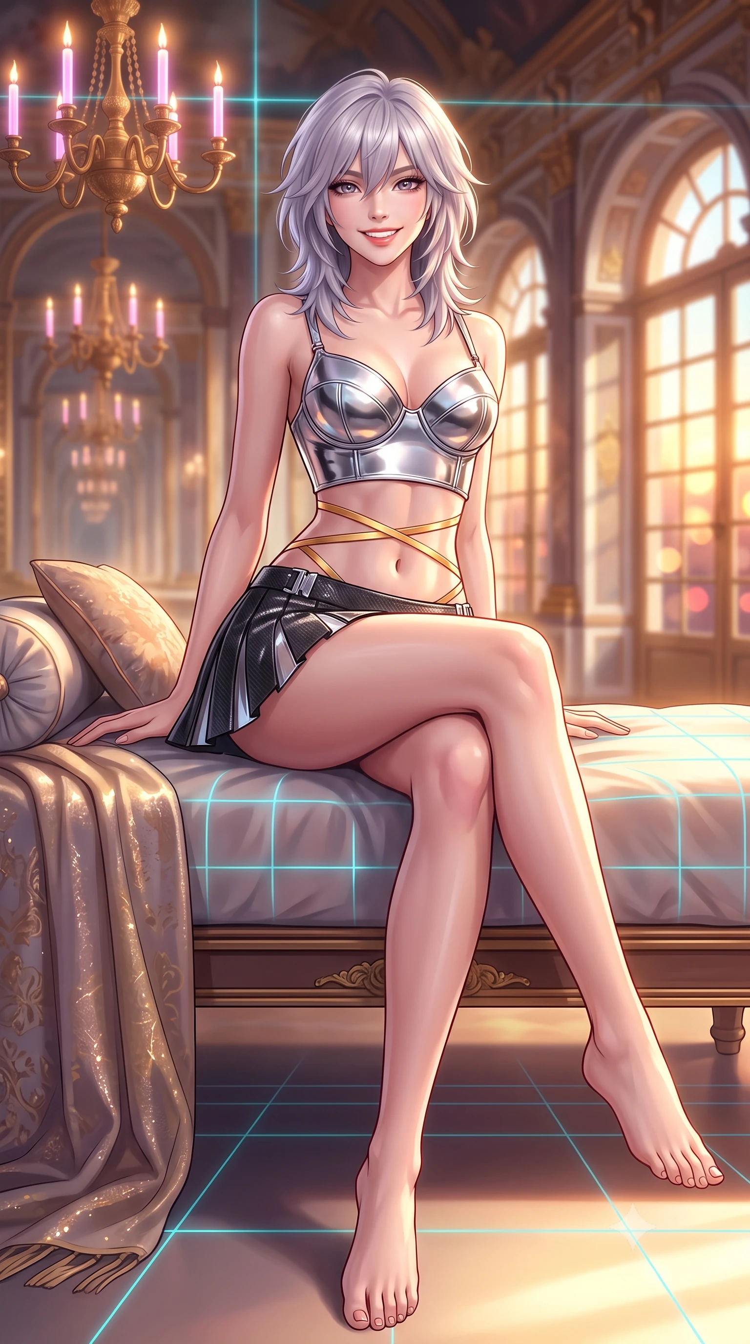 score_9, masterpiece, best quality, ultra-detailed, high-budget anime keyframe, semi-realistic 3D game render, editorial fashion photography, tasteful artistic composition, Japanese woman. low angle full-body shot from head to toe showing her feet, filling the entire 9:16 vertical frame with her statuesque presence, stretching her vertical silhouette. lounging on the lavish daybed with legs crossed and hips angled toward the camera, displaying her toned midriff and long slender limbs with effortless siren poise while twisting her slender torso in an alluring S-curve, sunset gold and neon laser ribbons criss-crossing across her flat midriff and hourglass curves. The background shows a soft-focus infinite recursive mirror reflections, antique gilded chandeliers fitted with neon plasma candles, and setting sun through arched palace windows blurred into gold, copper, and ruby bokeh. She has an exceptionally tall and slender model-like 8.5-heads proportion, an ultra-slim waist, a flat toned midriff, narrow delicate ribcage, and beautifully sculpted feminine hips creating a graceful, slim hourglass silhouette without any bulky heaviness, with impossibly long slender legs. sharp v-shaped jawline, high-bridge nose, intricate jewel-like sparkling eyes with depth, thick eyelashes, glossy parted lips with a natural peach sheen, bright cheerful beaming smile with an enchanting and coquettish sensual glint, exuding both youthful cute charm and seductive allure, flawlessly proportioned anatomical accuracy, strict slender model proportions, natural body alignment, perfectly sculpted long slender limbs, ultra-slim waistline, clean dynamic posture without body distortion. wearing a chrome-plated structured underwire bustier top paired with an ultra-short low-rise pleated micro mini skirt in matte carbon fiber black and polished chrome, woven from stretch metallic lurex jersey casting radiant starlight glints across her curves, finished with sleek magnetic buckle closures fluttering in the breeze, the bespoke structured tailoring following the natural line of her 8.5-heads silhouette with refined elegance. bathed in the blinding golden hour 2800K palace sunset mixed with delicate cyan laser grid lines. highly saturated vibrant anime colors, detailed shading with soft gradients, rich glossy textures, high-contrast stereoscopic depth, volumetric dynamic lighting, master piece, 9:16 ratio